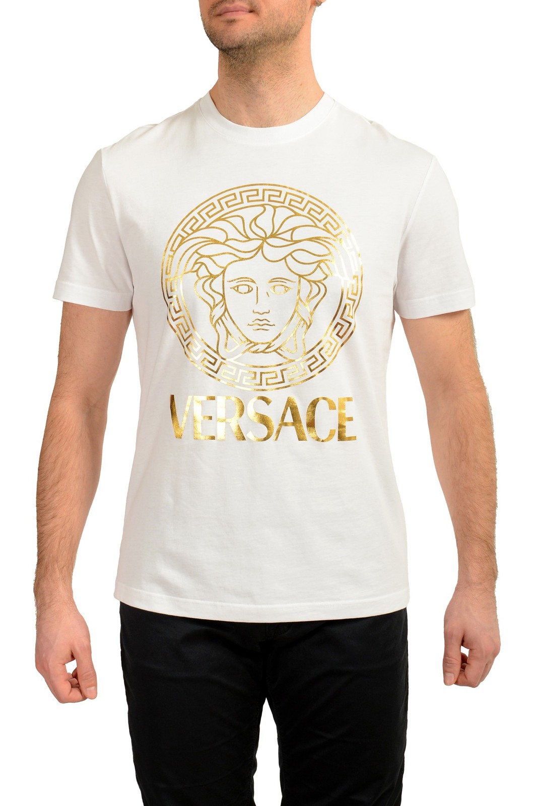 Versace Men’s Gold Medusa Print White Short Sleeve Crewneck T-Shirt US 3XL IT 58