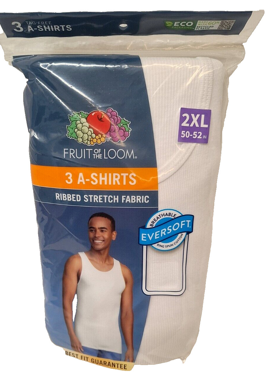 Fruit of the Loom Men’s 3 pack A-Shirts Size 2XL 50-52in Ribbed Stretch Fabric