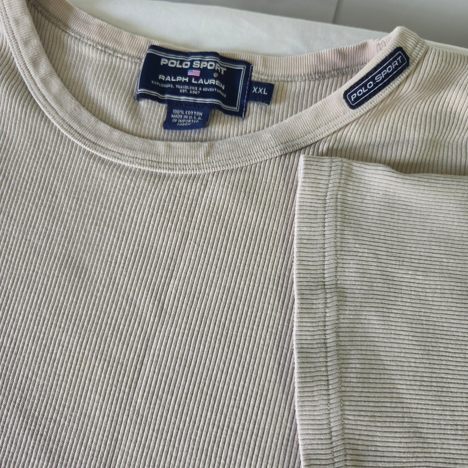 Polo Sport Ralph Lauren Mens XXL Beige Ribbed Cotton T-Shirt Made in USA Vintage