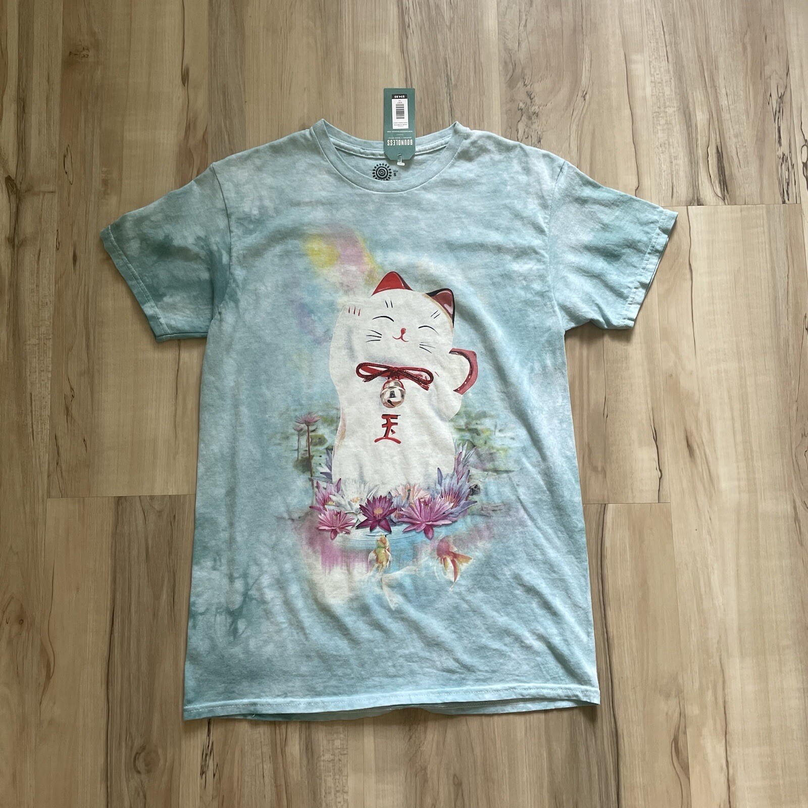 NWT The Mountain Asian Lucky Cat T-shirt Tee Light Blue Tie Dye Earthbound Sz S