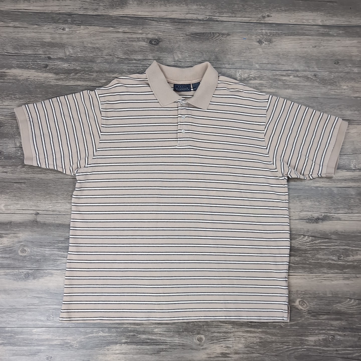 Vintage 90s Skater Polo Shirt Mens XL Basic Editions Striped Streetwear Beige