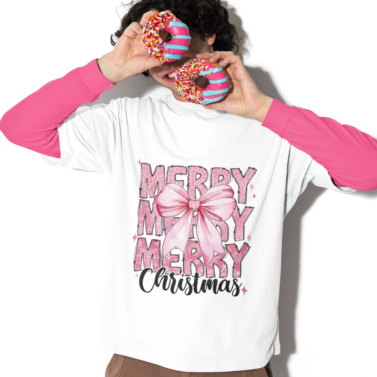 Merry Christmas Pink Bow Graphic Tee Cute Festive Holiday Aesthetic Unisex Winte
