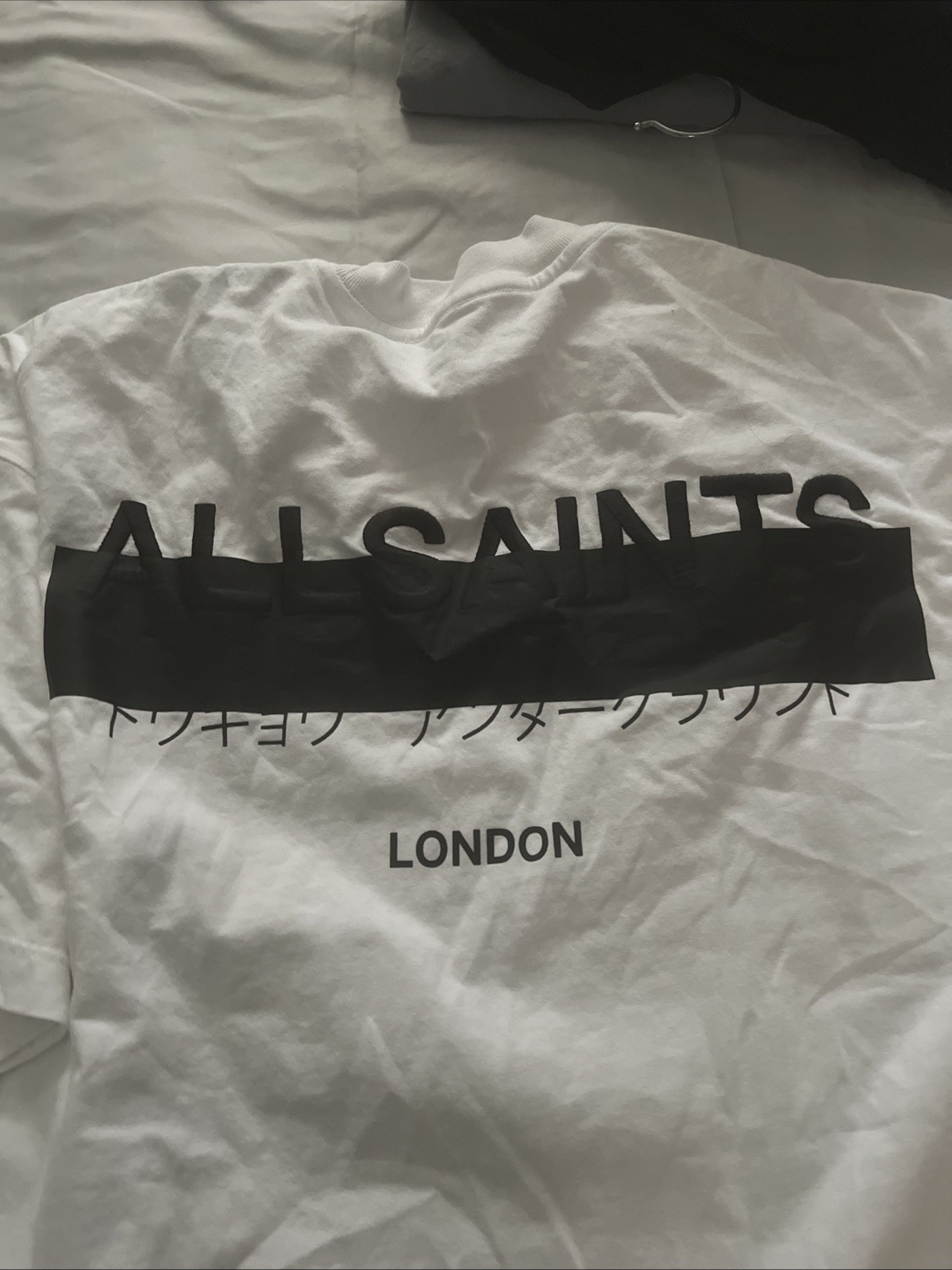 AllSaints London Redact Oversized Embroidered Logo T Shirt Ashen White L $99