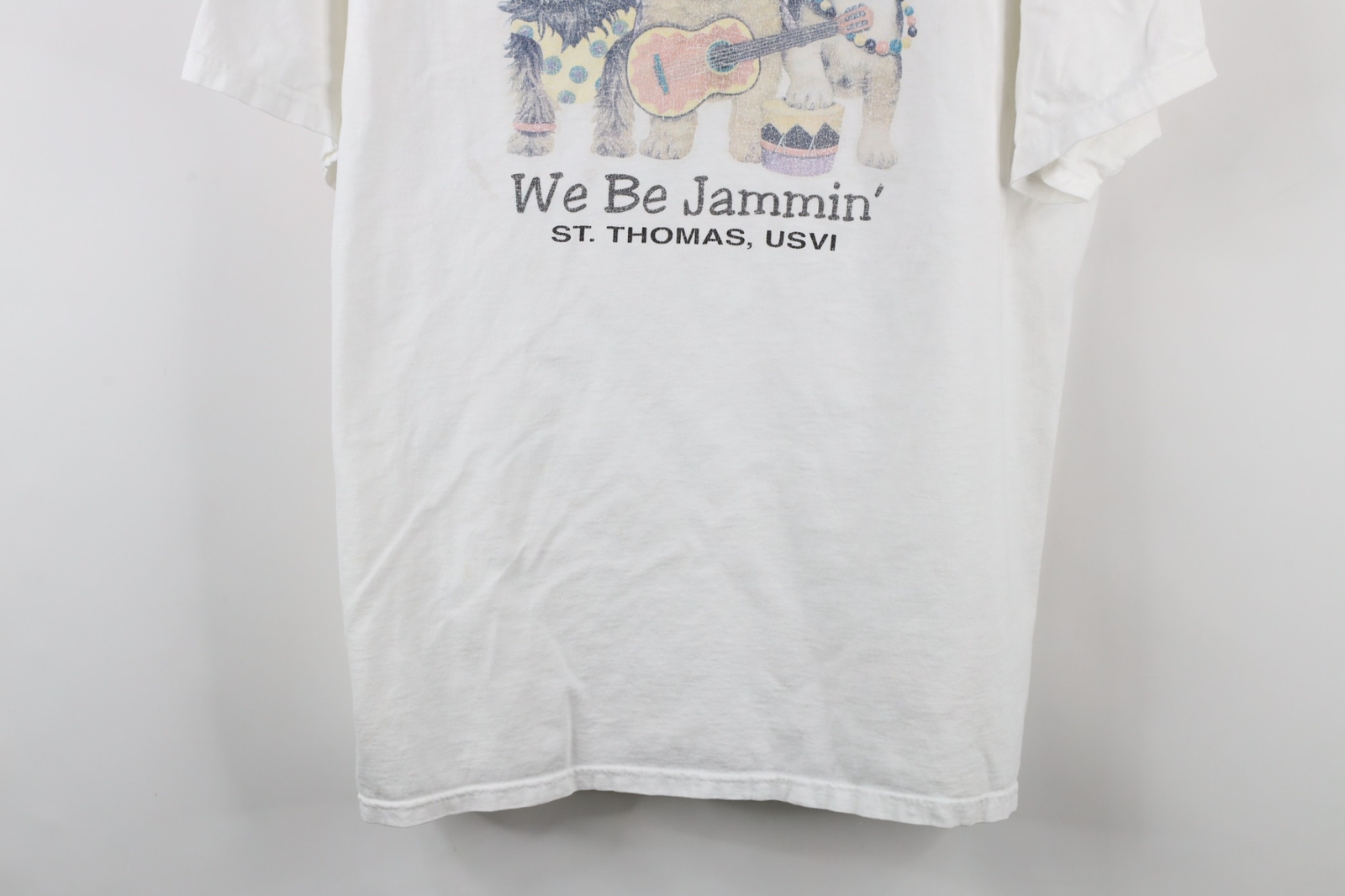 Vintage 90s Streetwear Mens XL Distressed We Be Jammin Dogs Puppy T-Shirt White