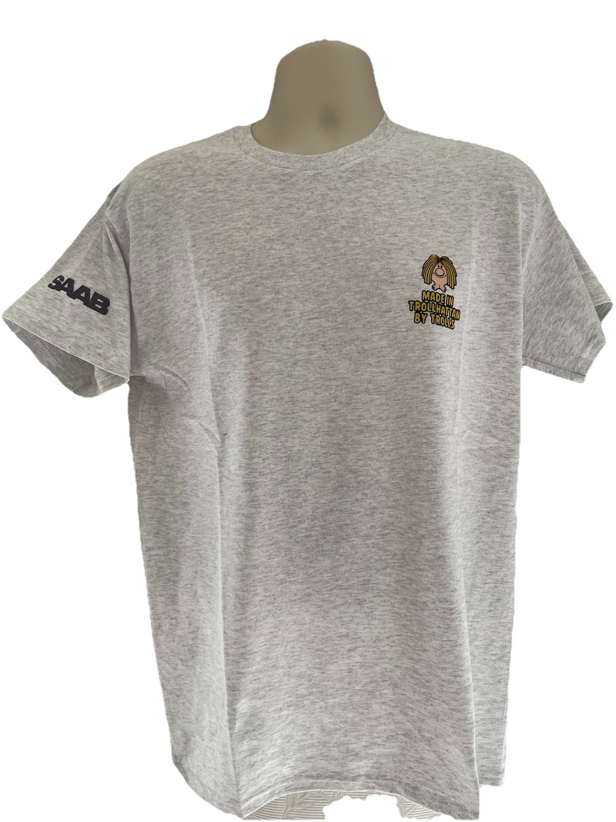 Mens Heavy Cotton TShirt SAAB ‘Made in Trollhättan…’ & Embroidered Sleeve Grey
