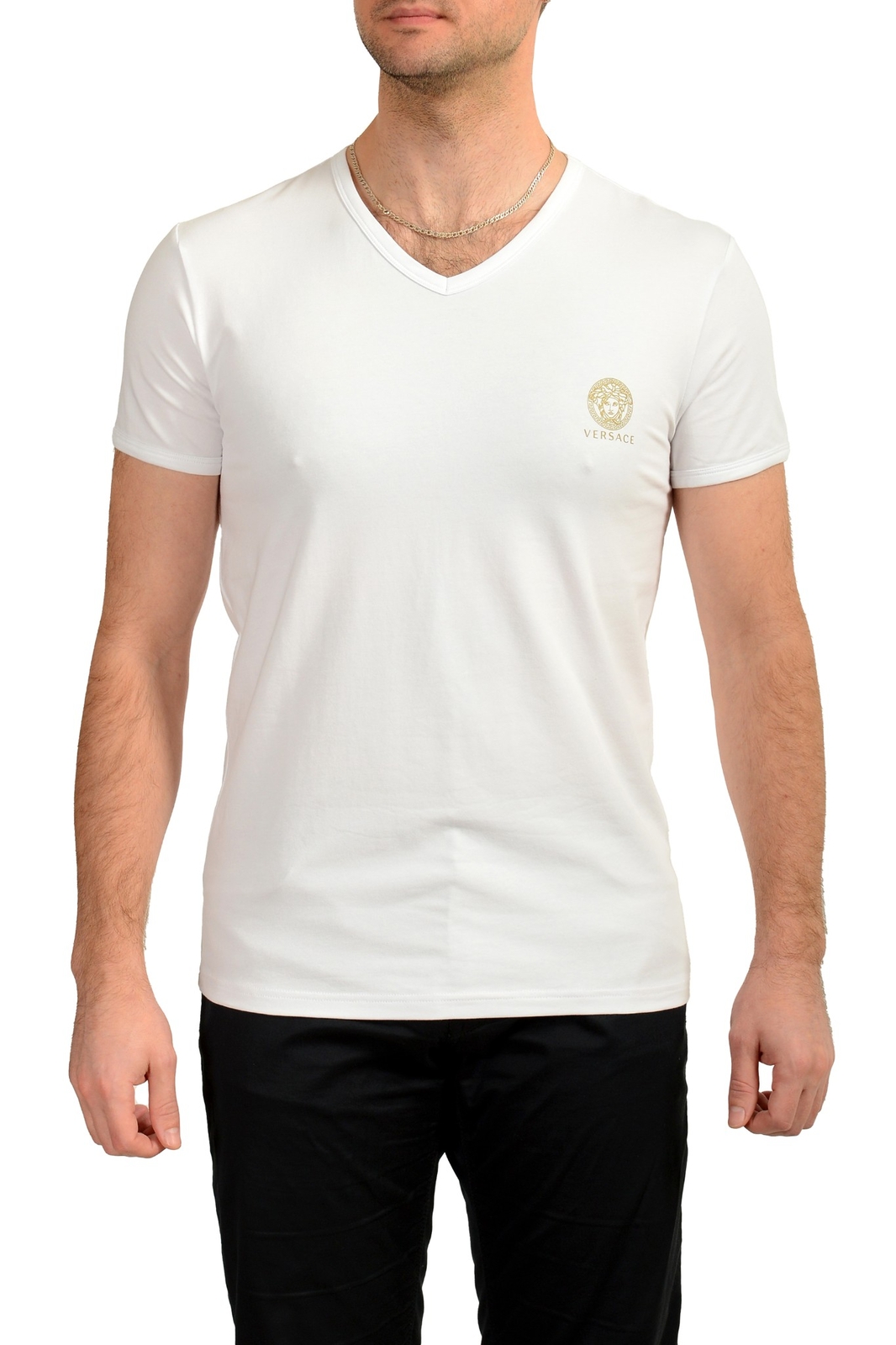 Versace Men’s White Gold Medusa Print V-Neck T-Shirt Versace sz 3 US XS IT 46