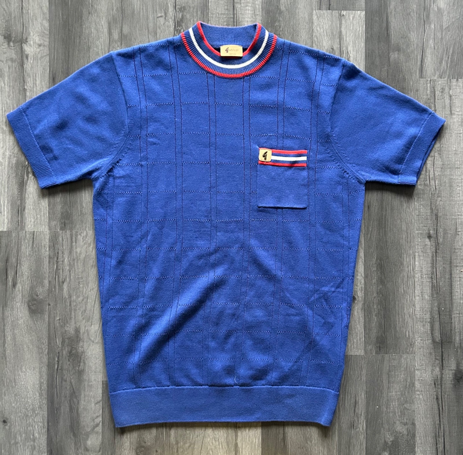 Gabicci Knit T Shirt Medium Blue Ringer High Round Neck Short Sleeve Pocket Tee