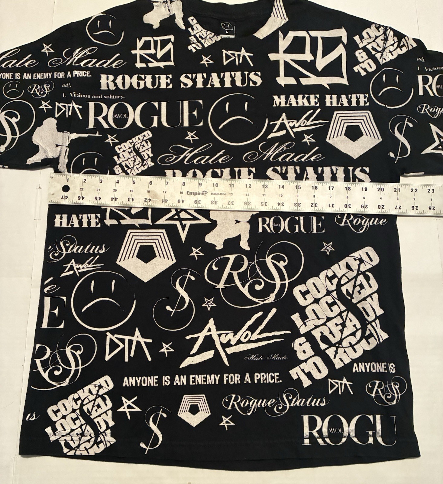 Y2K Rogue Status AOP Skater Black Tshirt Size Large Grunge Streetwear Rob Dyrdek