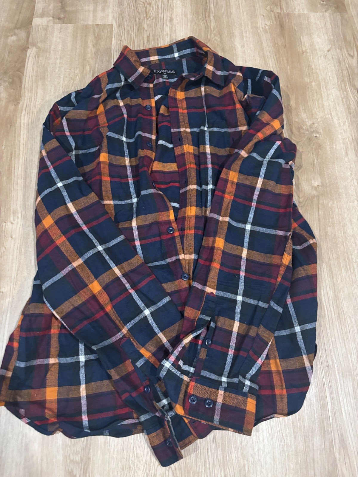 Express Men Button up 17 sz 17.5 Size XL shirt long sleeve plaid navy orange