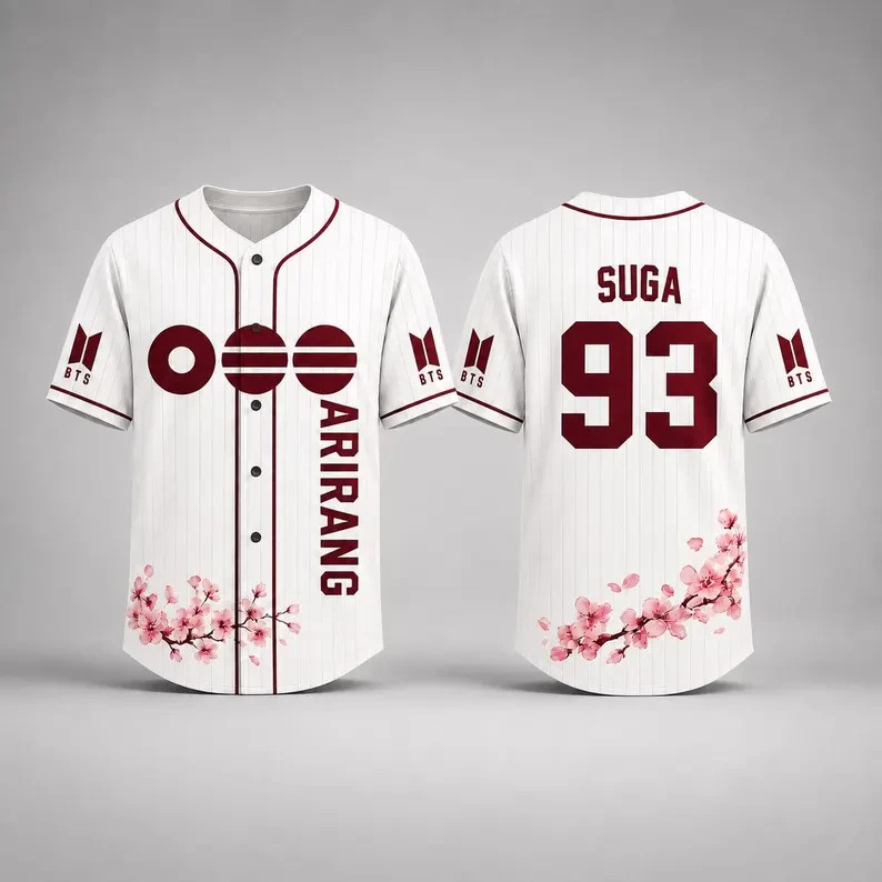 White Maroon Pinstripe Cherry Blossom Kpop Baseball Jersey Shirt Number 92 Top
