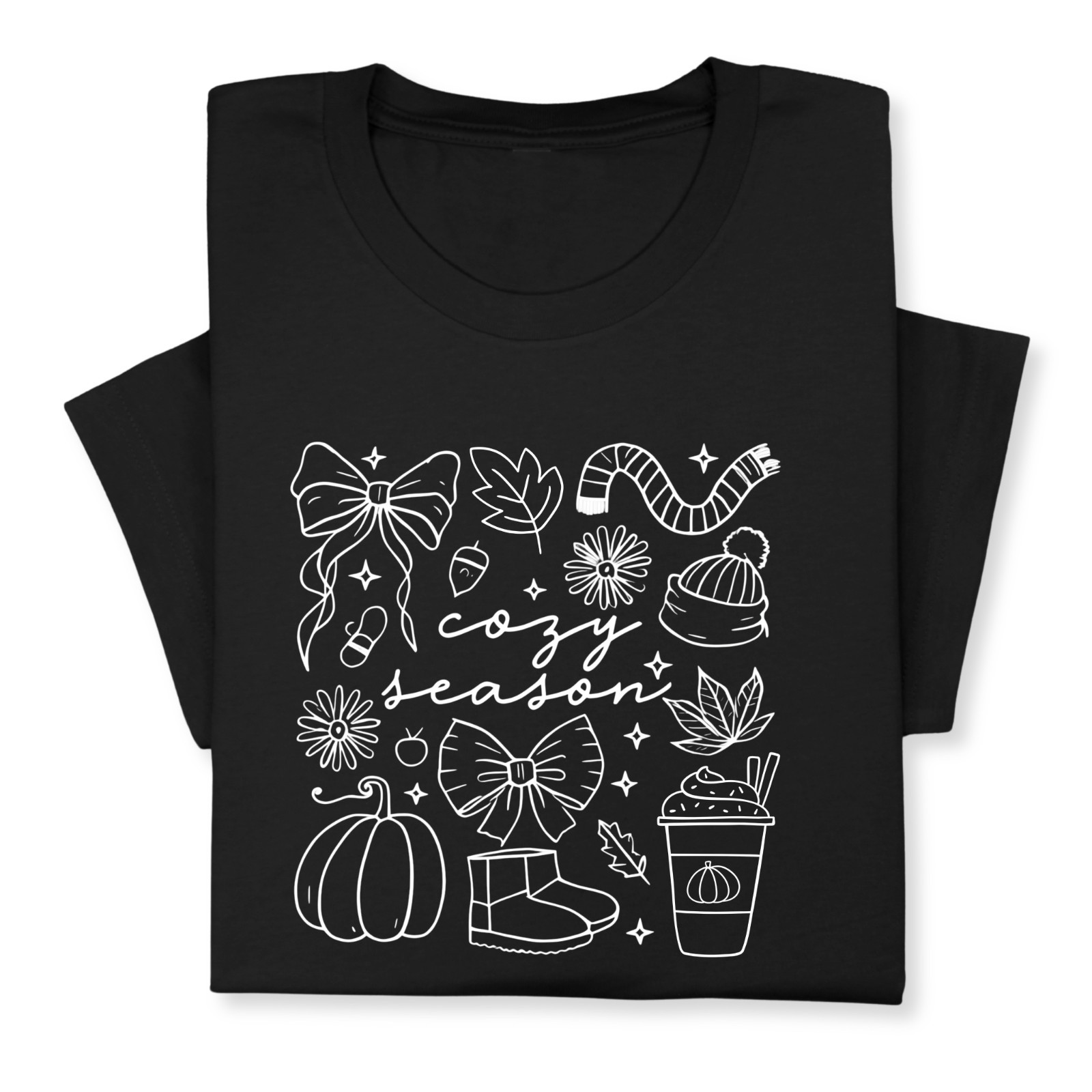 Cozy Season Fall Doodle T-Shirt, Pumpkin Coffee Autumn Graphic Tee
