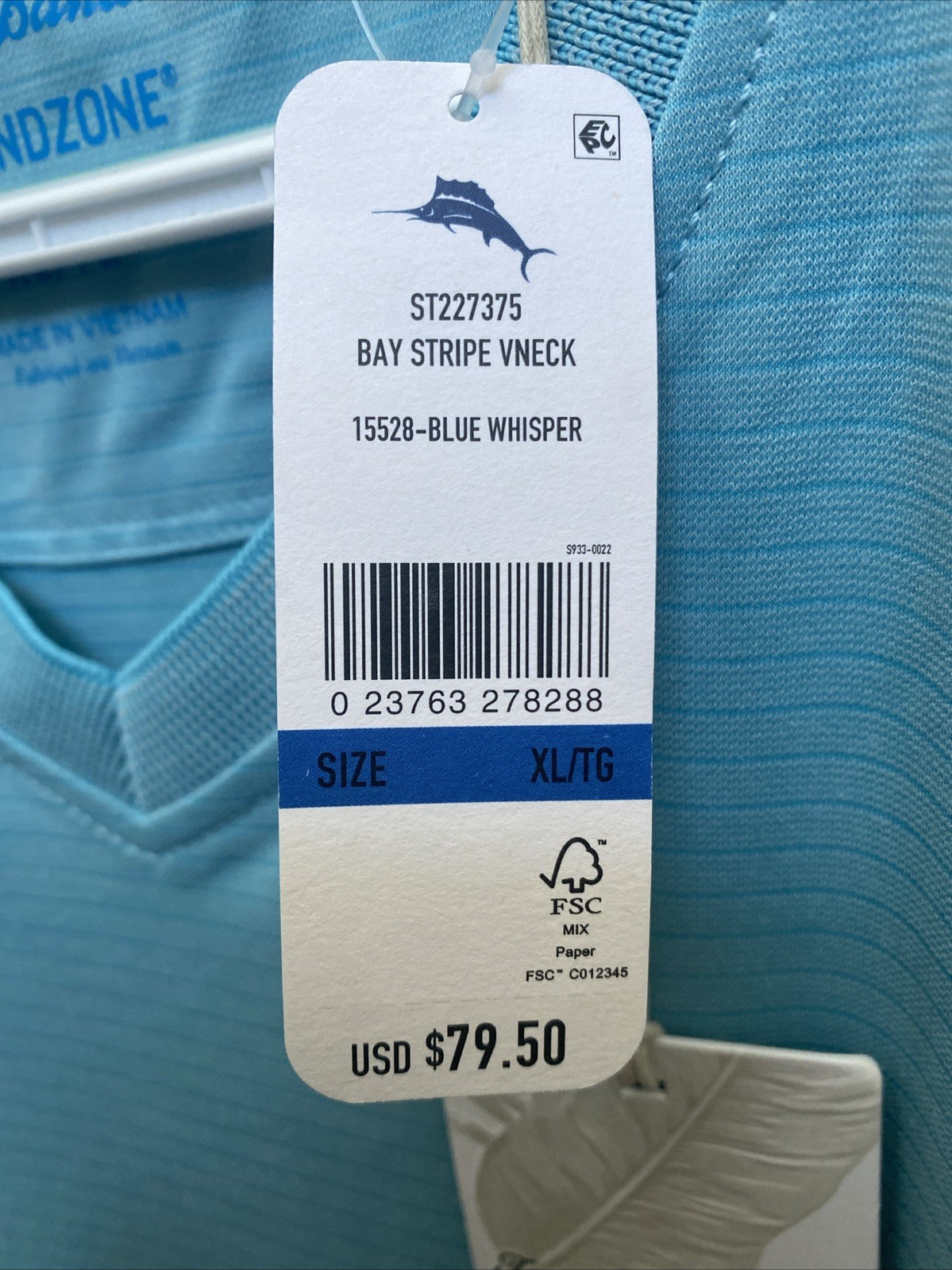 NEW Tommy Bahama Island Zone Men’s XL Blue T-shirt Short Sleeve Bay Stripe VNeck