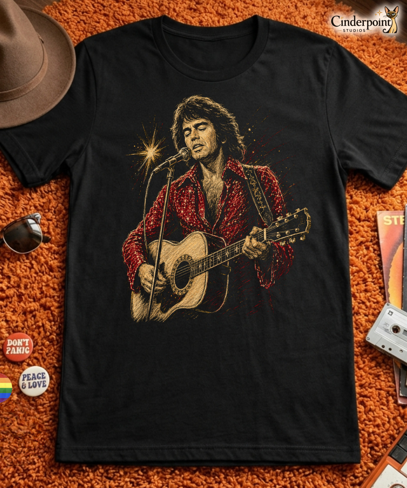 Neil Diamond Tribute T-Shirt Classic Rock Legend Acoustic Guitar Tee XS-5XL