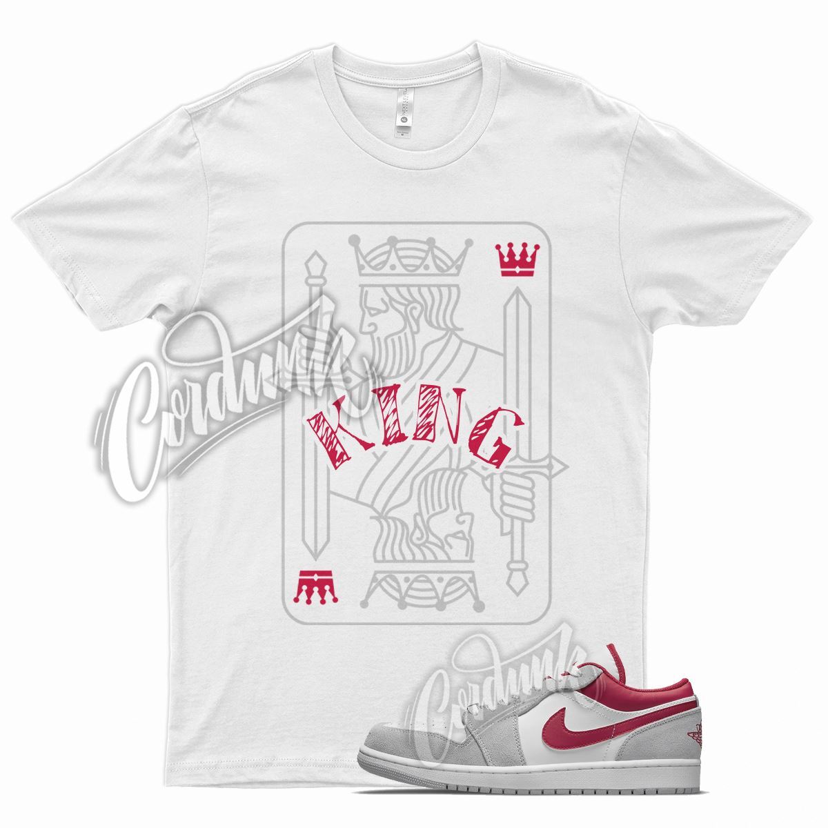 White KING T Shirt for Air J1 1 Low SE Light Smoke Grey Gym Red