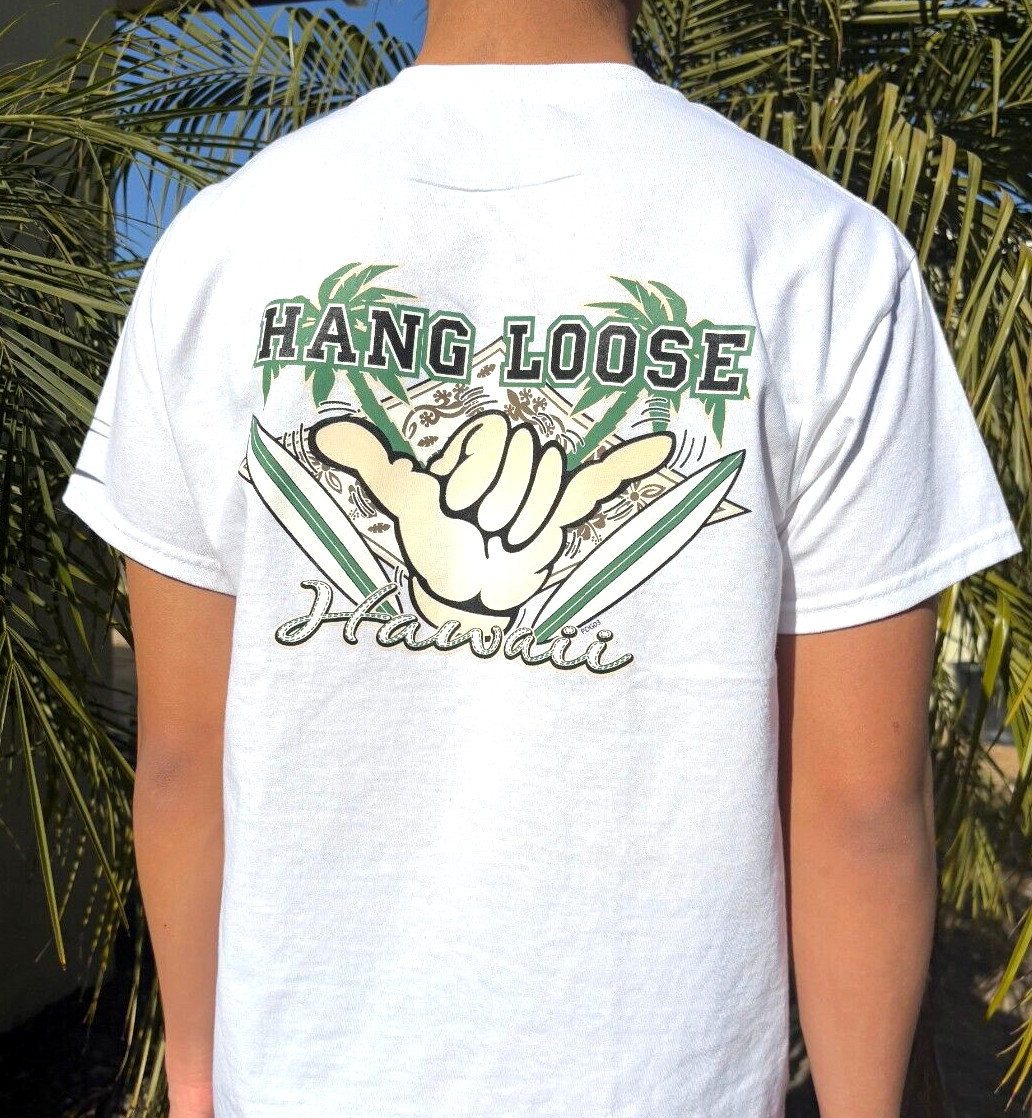 Hawaiian Style Island Hang Loose Shaka Surfboard Men Women White Cotton T-shirt