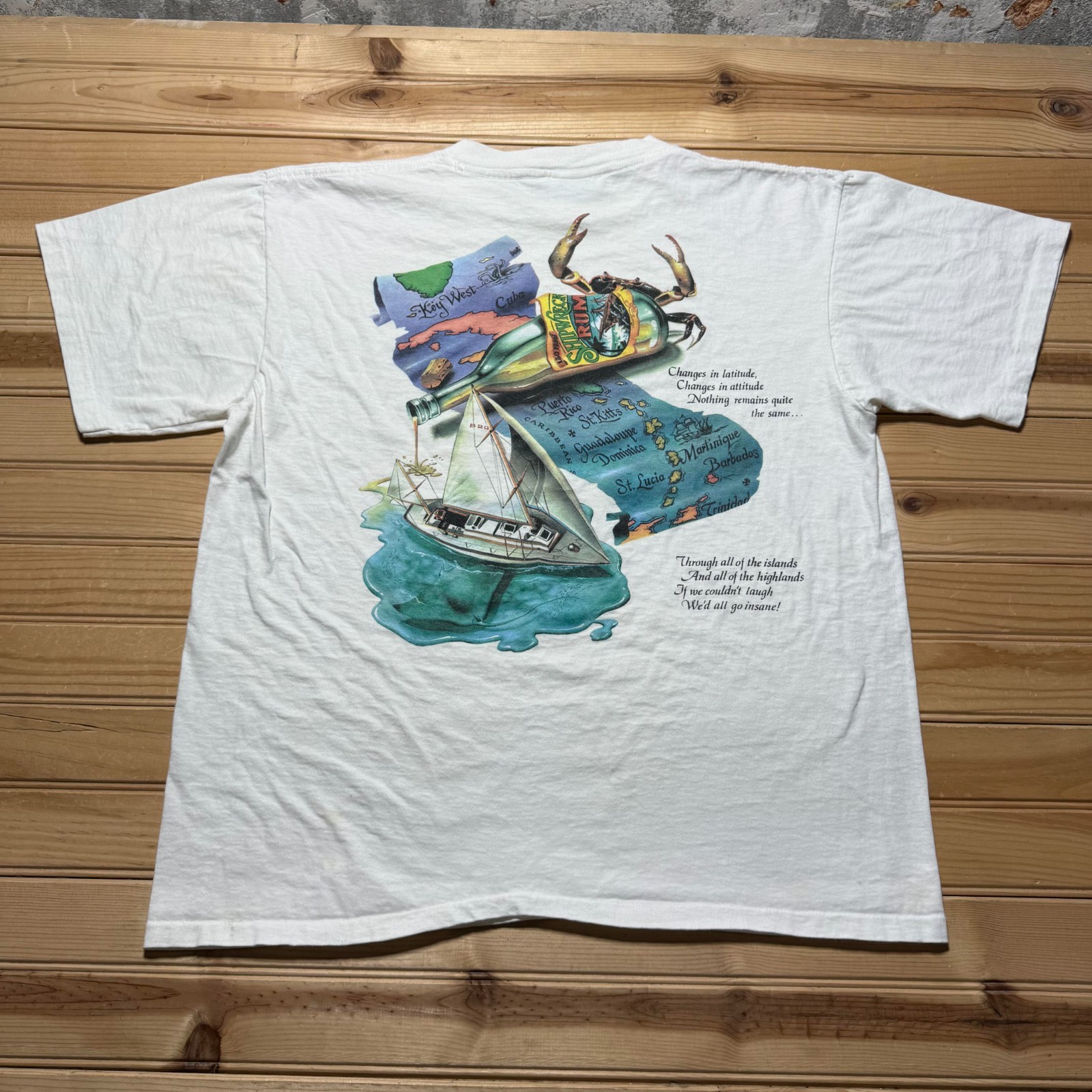 Vintage 90s Pirate Ship Caribbean Map Treasure Rum Lyrics Sea Graphic T-Shirt XL