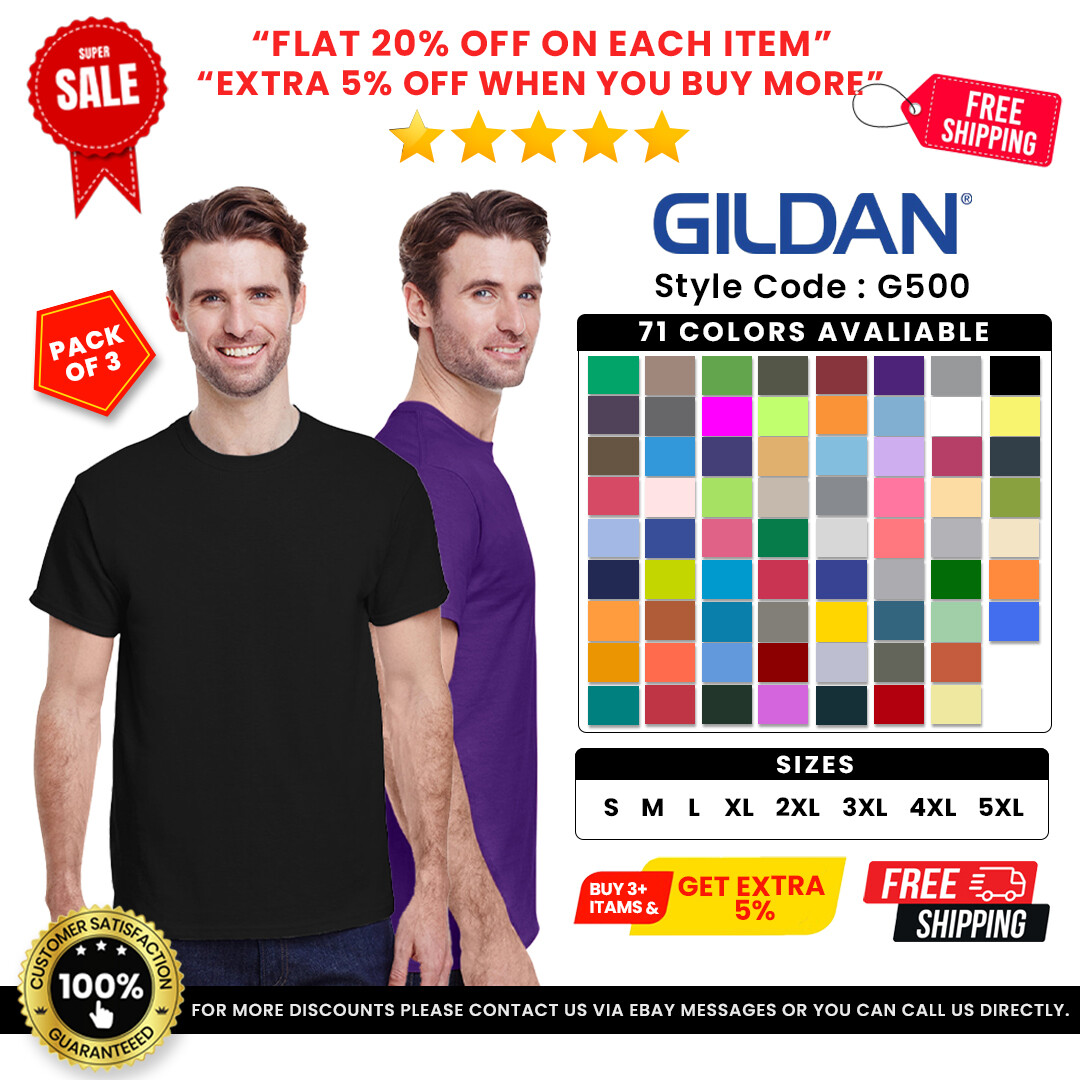 3 Pack Of Gildan G500 Mens Short Sleeve Heavy Cotton Plain Blank Casual T-Shirt