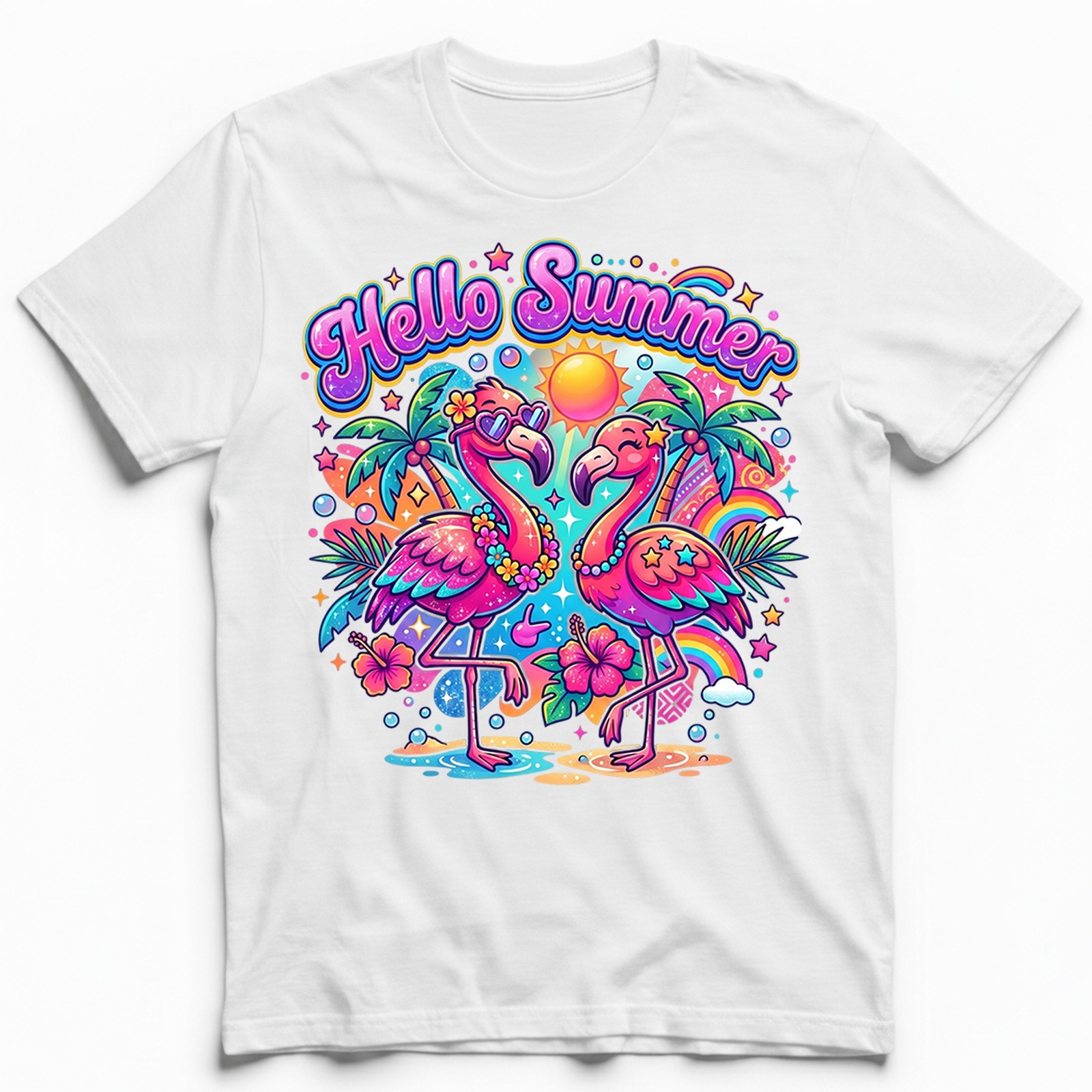 Hello Summer Tropical Flamingo T-Shirt Retro Neon Beach Vacation Holiday Tee