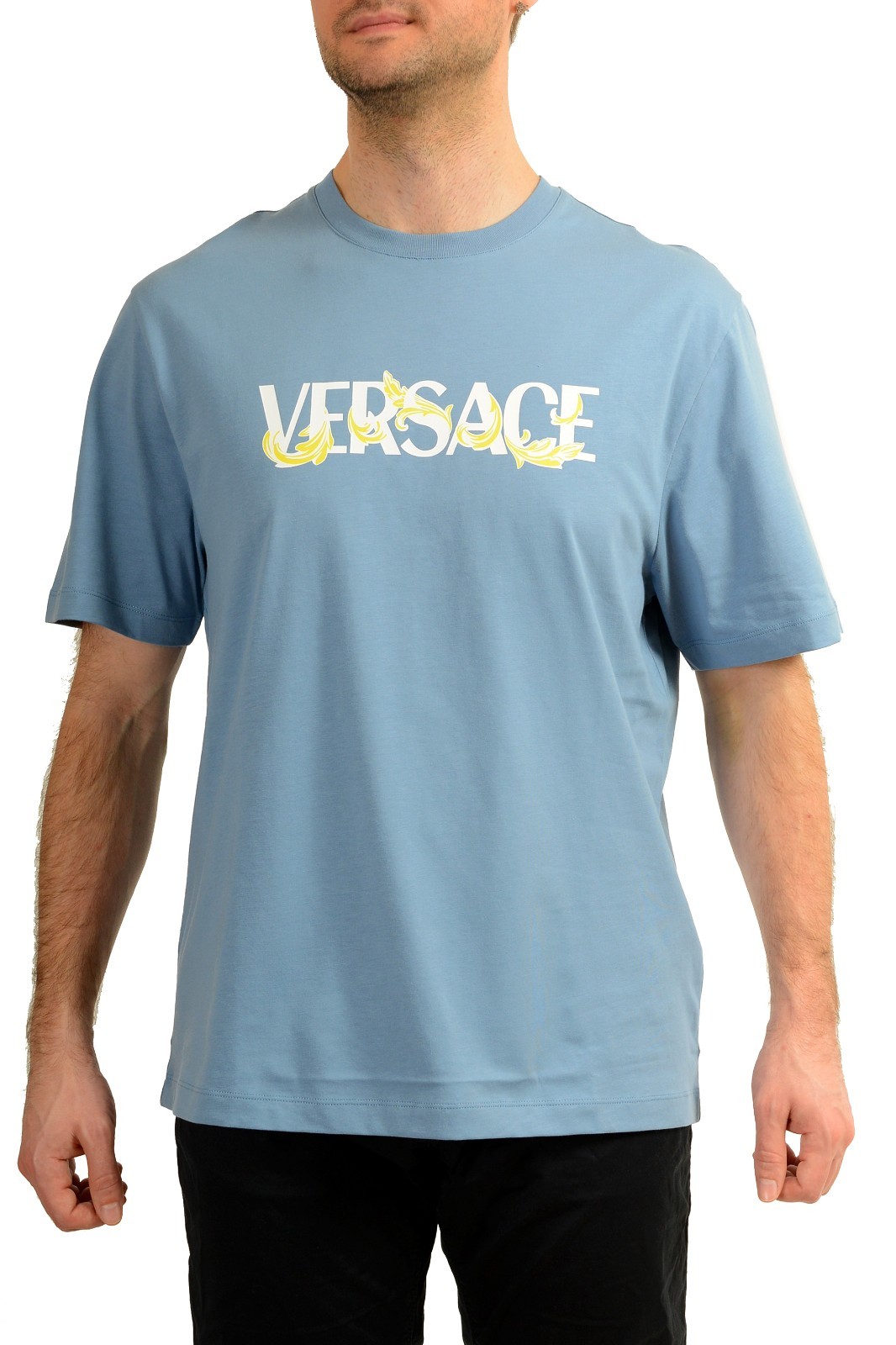 Versace Men’s Logo Print Blue Crewneck Short Sleeve T-Shirt US 2XL IT 56