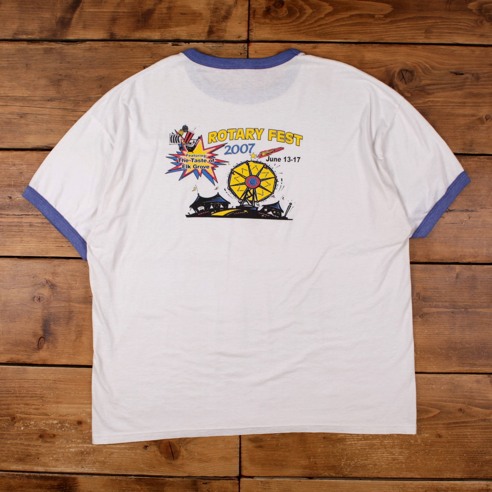 Vintage Ringer T-shirt 2XL Mens 00s 2007 Rotary Fest White Blue Festival Y2k