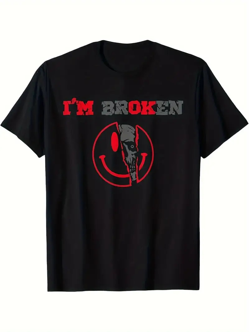 Men’s “I’m Broken” Skull Graphic T-Shirt – Black Cotton Crew Neck Tee with Red &
