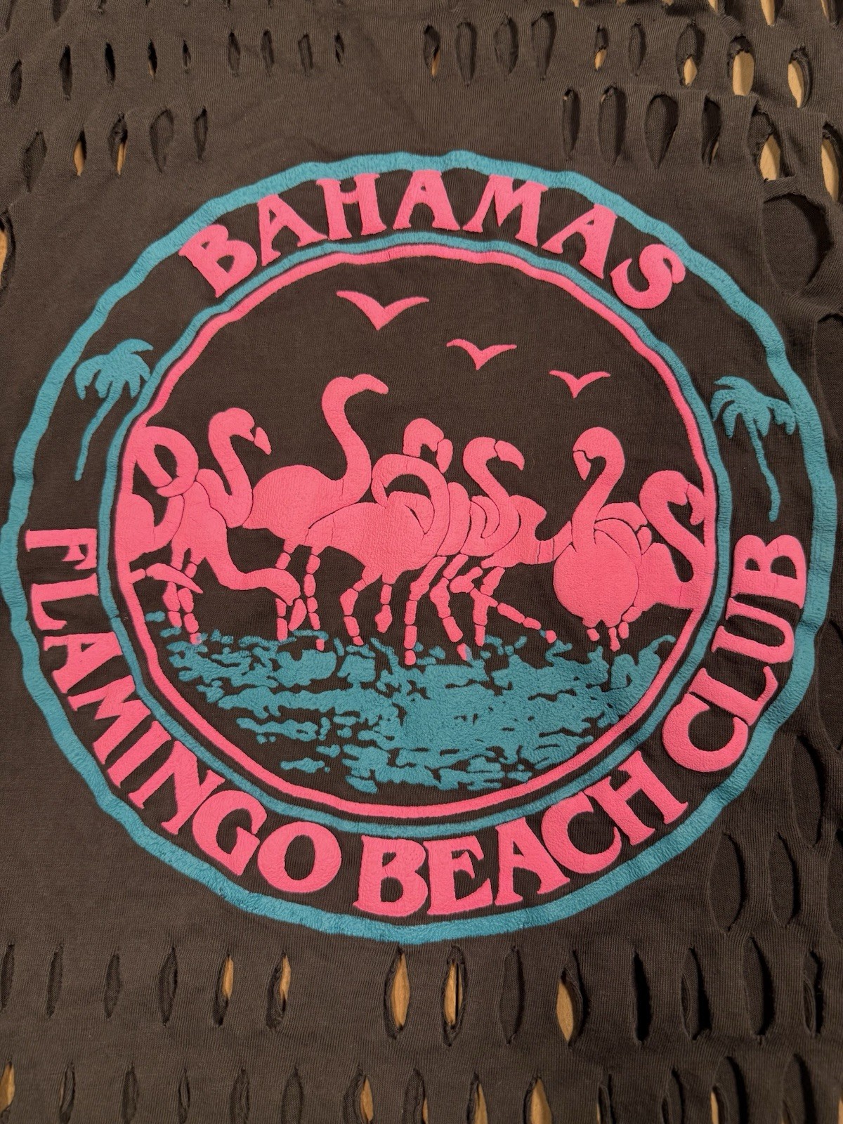 90s Dorsett Tees Flamingo Beach Club Graphic Beaded Distressed TShirt XXXL Black