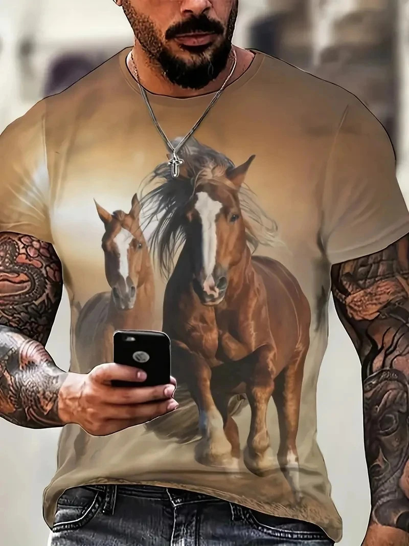 Mens 3D Horse Graphic T-Shirt Short Sleeve Animal Print Streetwear Tee