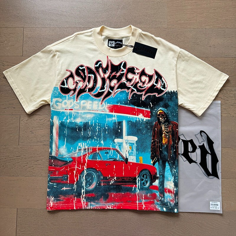 NEW Godspeed Rock Skeleton sports car print pattern Tee Washed Mens T-shirt