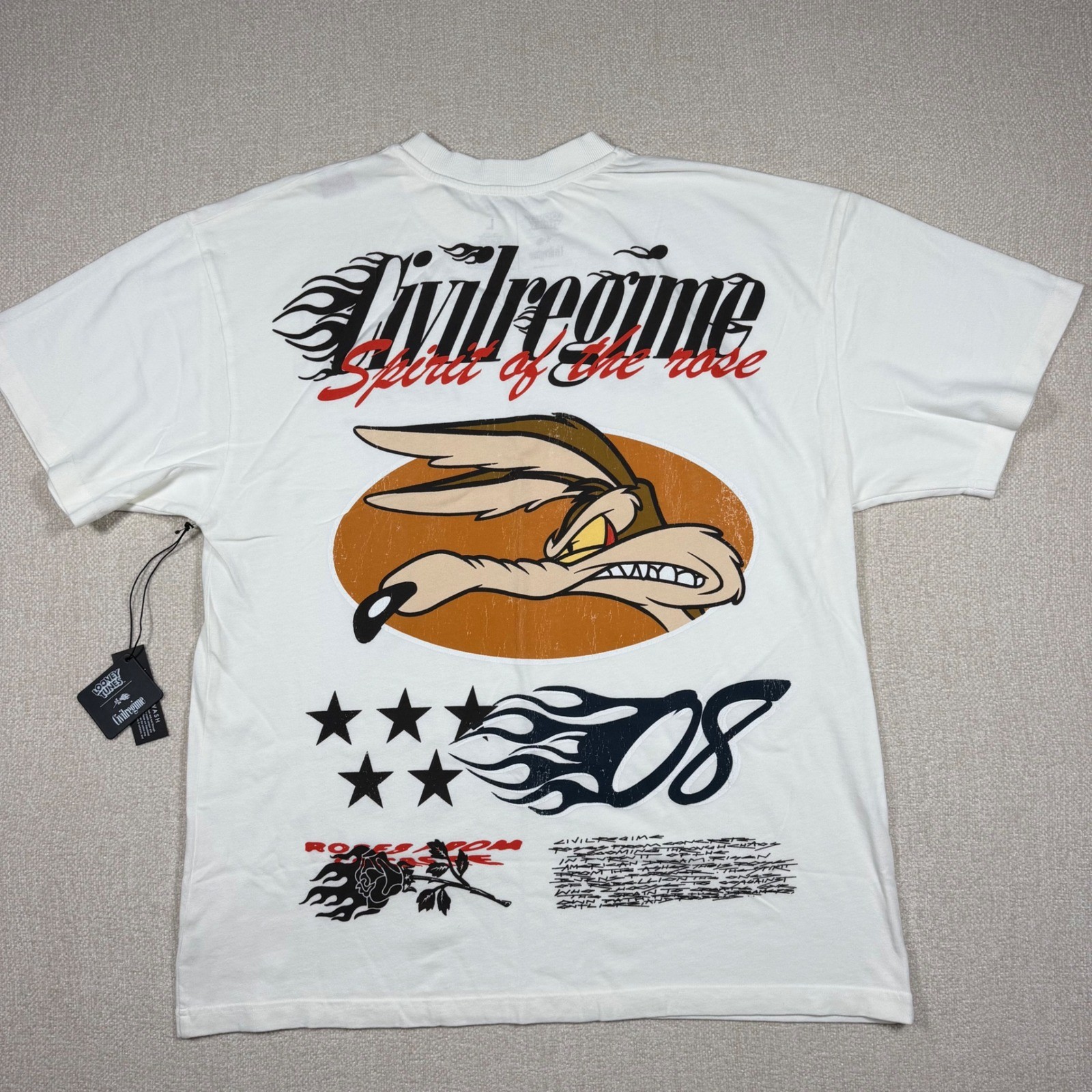 Civil Regime Looney Tunes Wile E Coyote Racing Oversized Tee Butter White L NEW