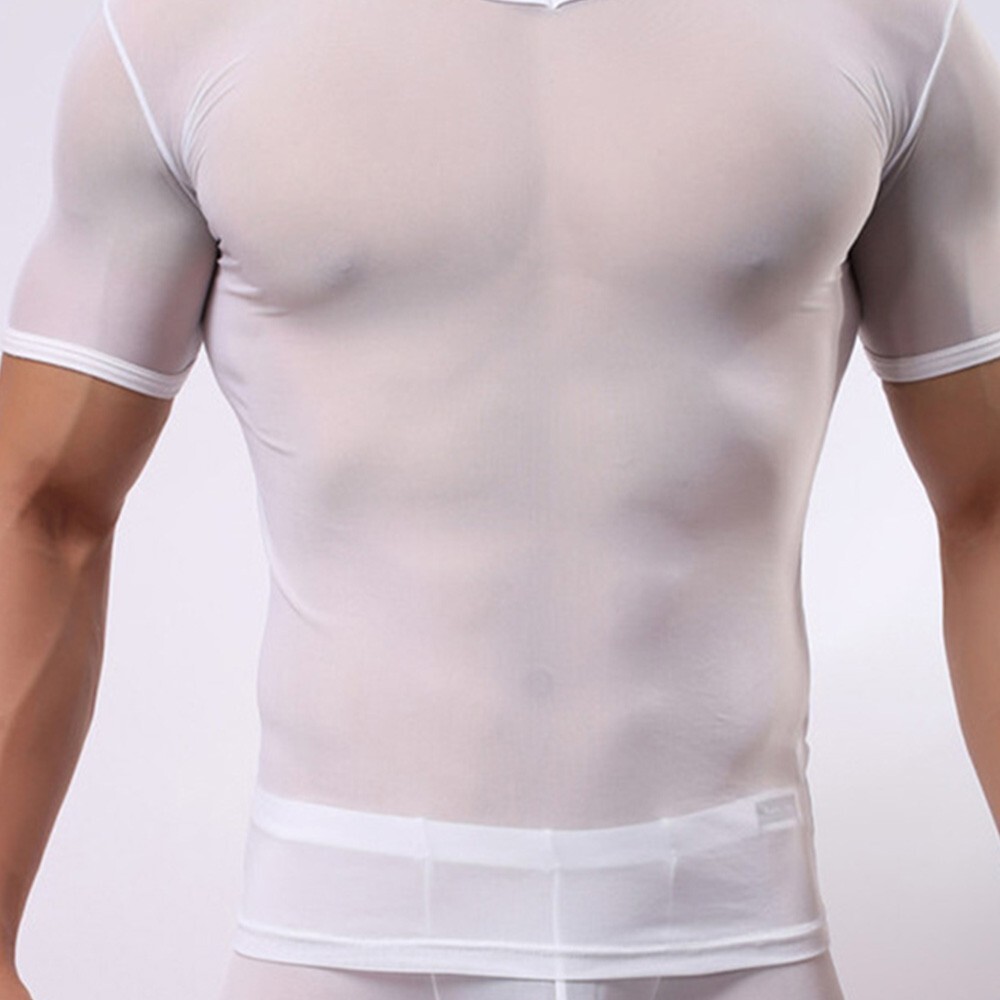 Fit T-Shirt Men Short Sleeve Top Tee Gym Stylish Short Sleeve Mesh Sheer Muscle