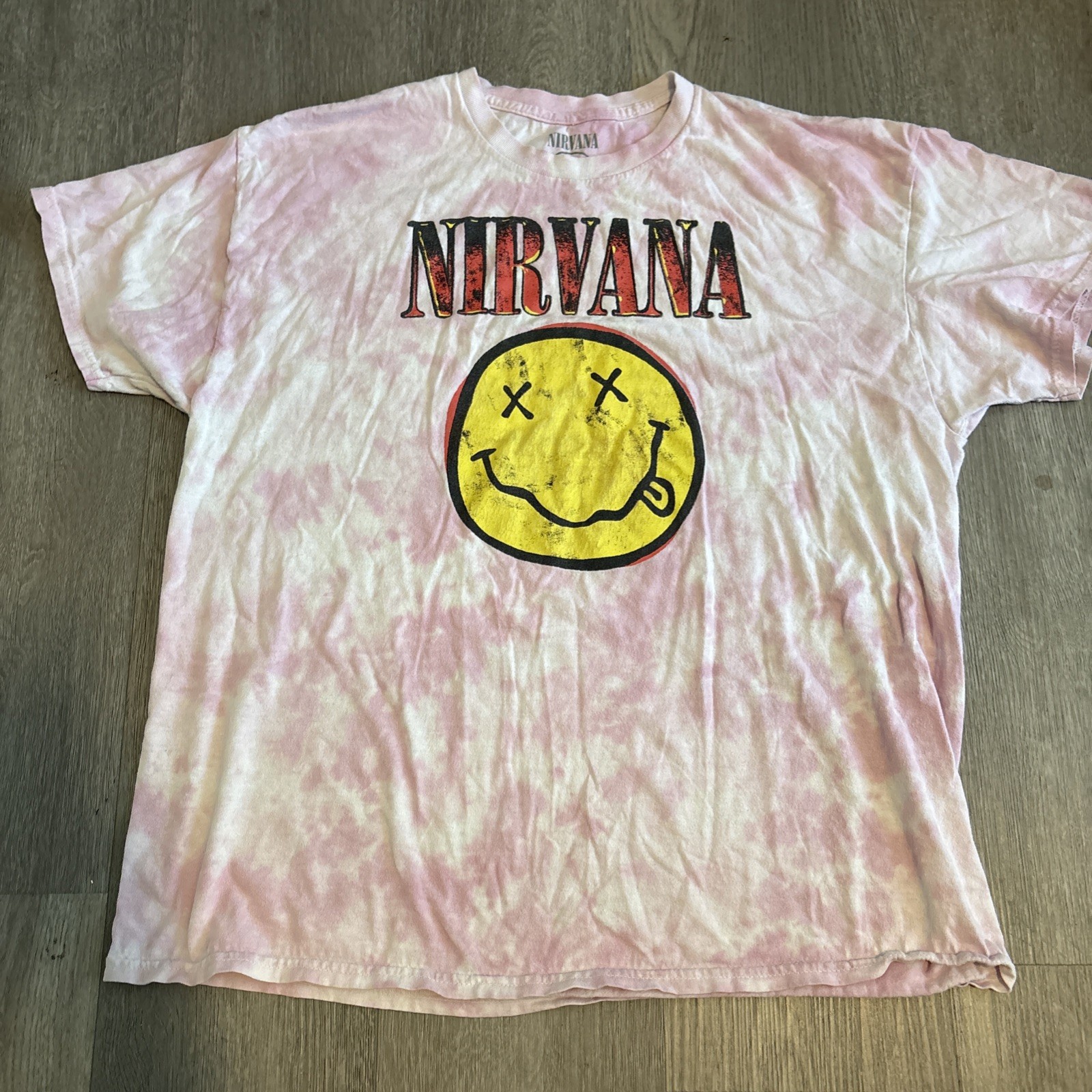 Nirvana Happy Face Graphic T-shirt Unisex XL Pink Tie Dye Distressed