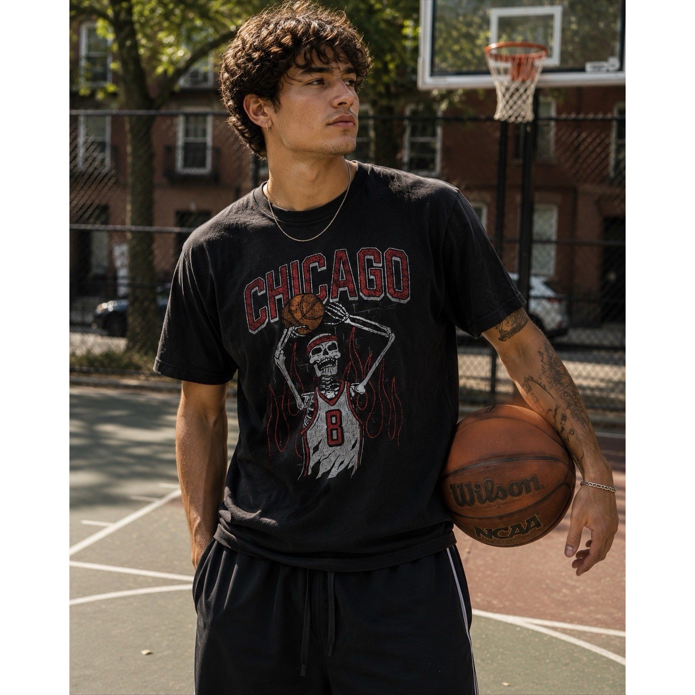 Chicago Skeleton Basketball Graphic T-Shirt Men’s Medium Black Cotton Streetwear