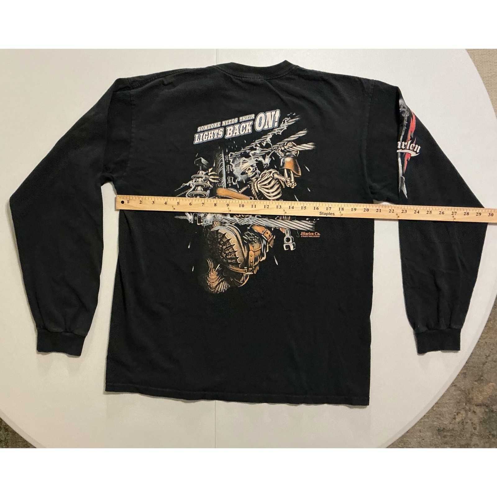 VTG Y2K JHarlen Co T-Shirt Skull Electric Worker Long Sleeve Shirt Mens L Black
