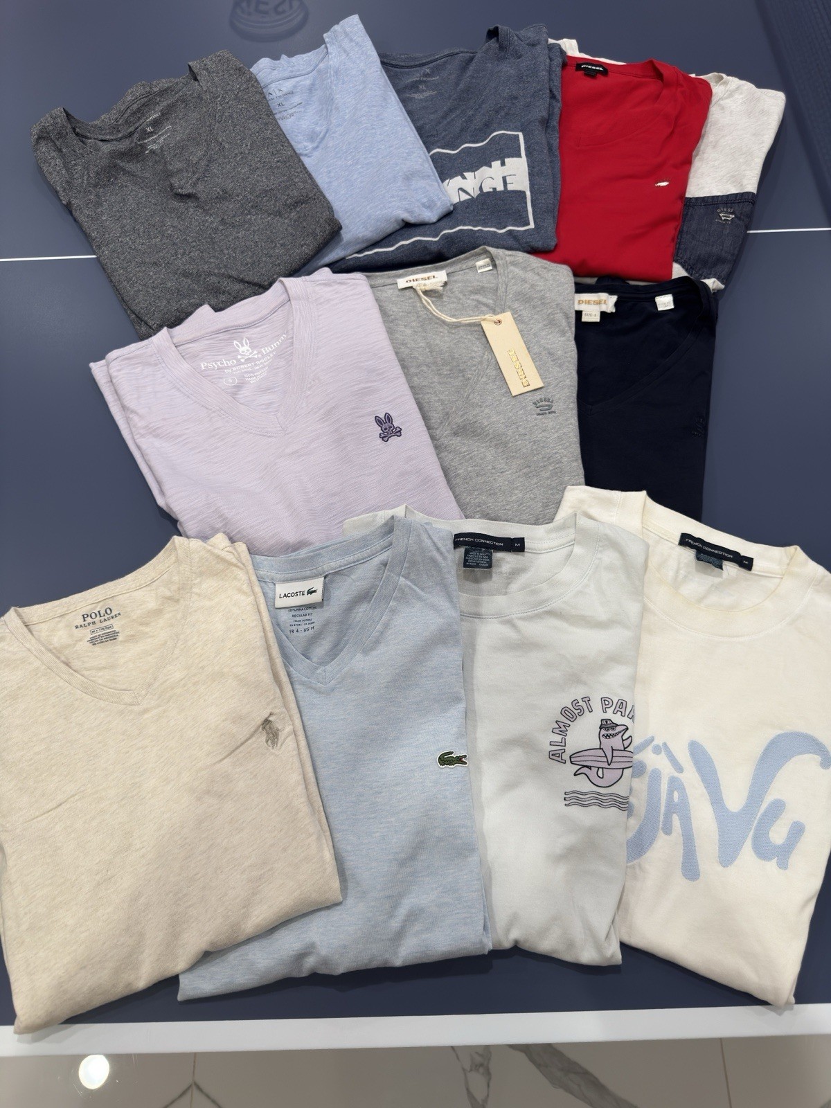 PRE-OWNED LOT OF 12 DESIGNER DIESEL ARMANI LACOSTE FCUK POLO – ALL HAVE DAMAGE