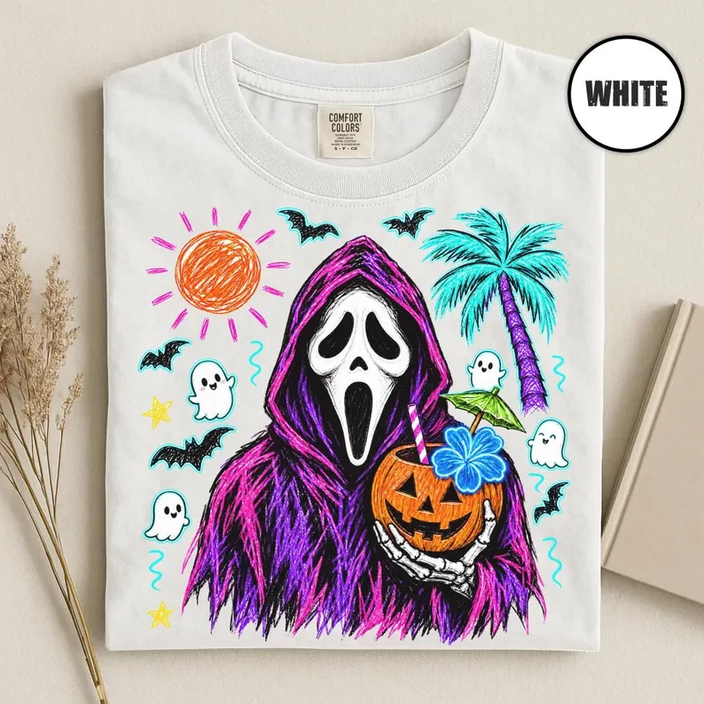 Spooky Ghost Mask Halloween Shirt Tropical Pumpkin Drink Tee Gildan Unisex