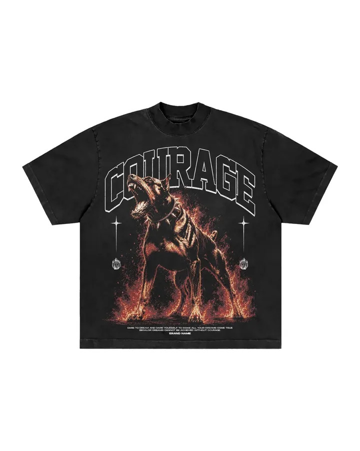 Men’s Vintage Washed Graphic T-Shirt Doberman Fire Print Streetwear Tee