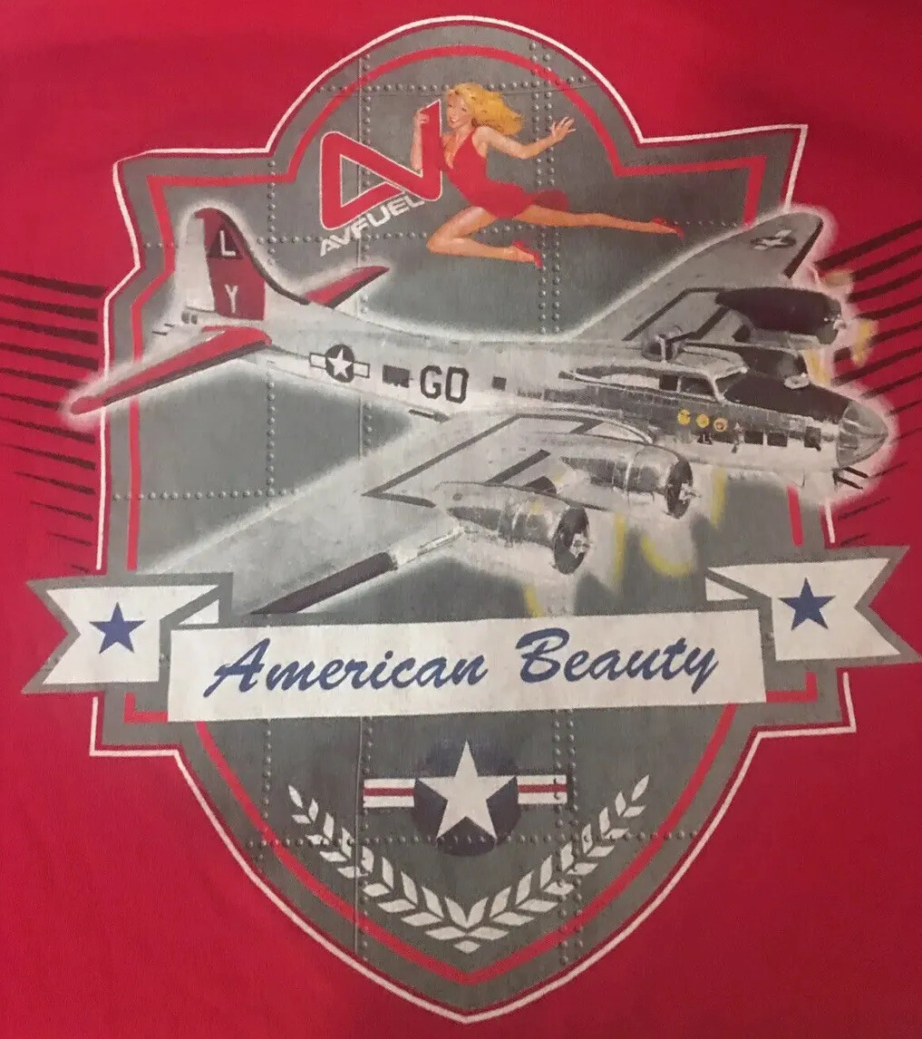 AV Fuel Aircraft Men’s Sz L T shirt Red aviation Air Force American Beauty Bella