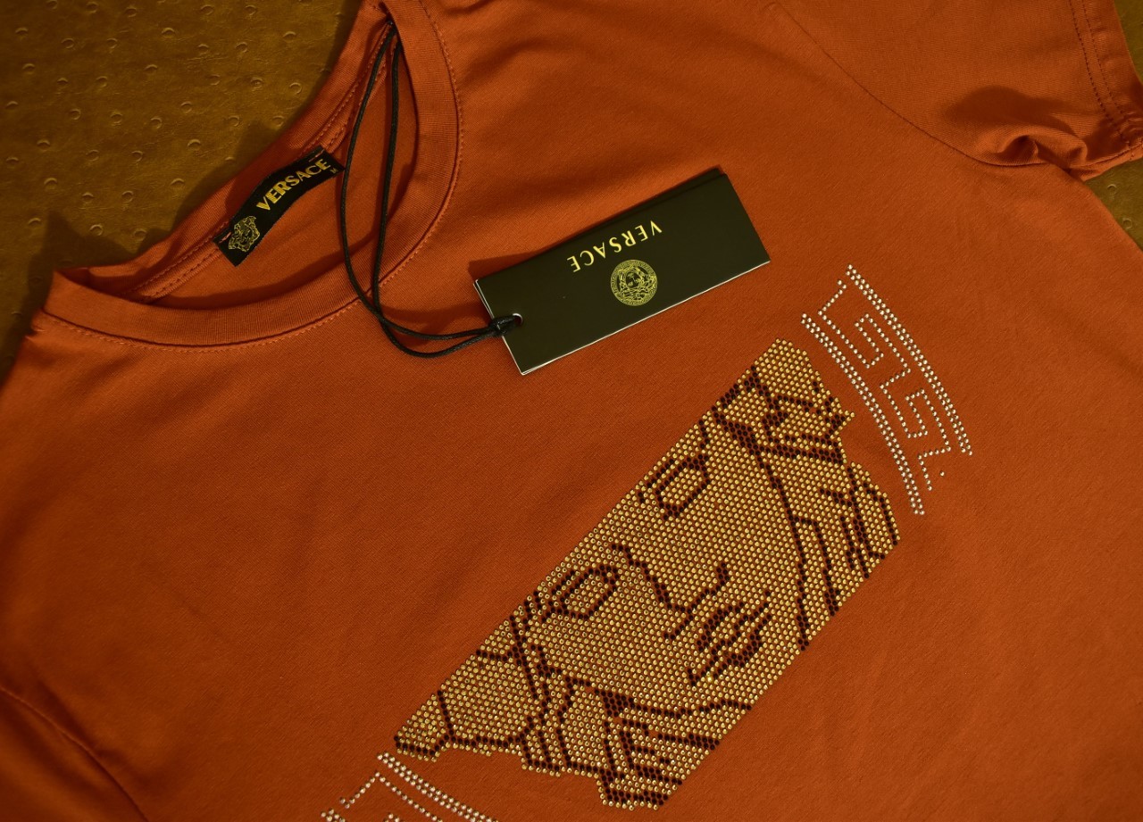 Men’s Versace Medusa Style Rhinestone T-Shirt Rust Luxury Designer US Size M