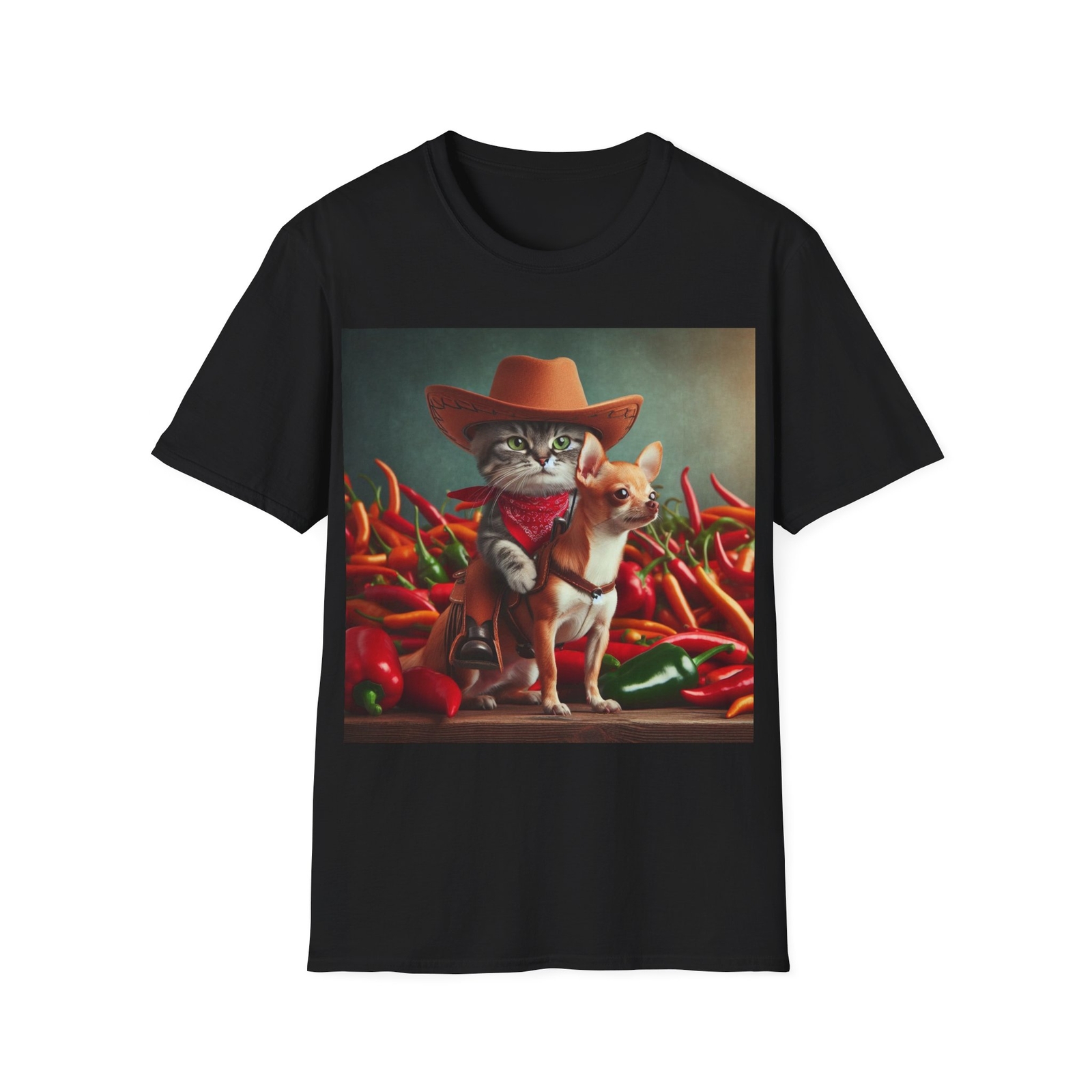 Chili Pepper Cat and Chihuahua Fun Tee Unisex Softstyle T-Shirt by Purring Lion
