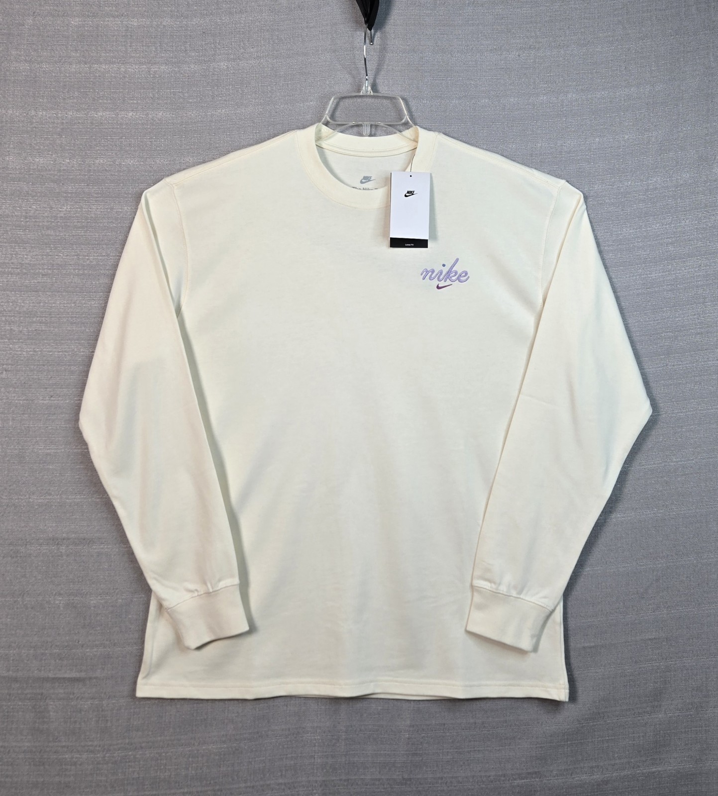 NIKE Max90 T-Shirt Medium Mens Off White Purple Crewneck Long Sleeve Swoosh Logo