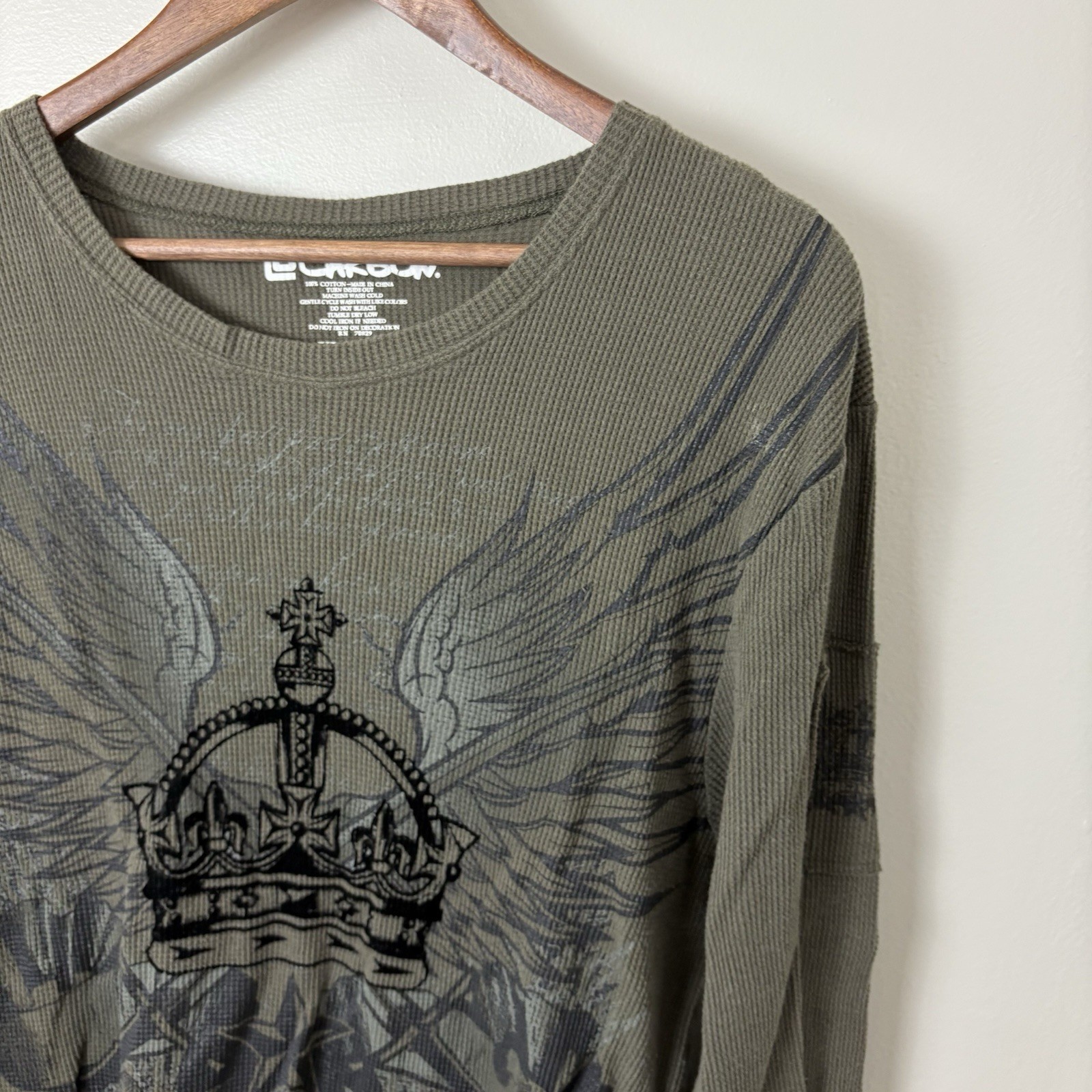 Carbon Men’s XL Y2K Winged Up Long-Sleeve Thermal Shirt Green Grunge Skater Punk
