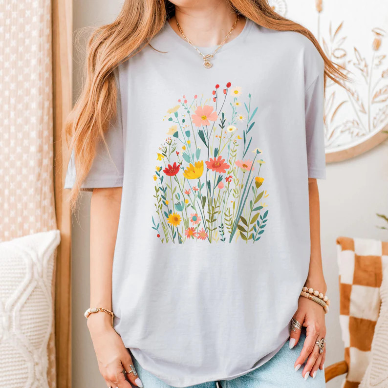 Vintage Floral Comfort Tee Hand Painted Style Shirt Soft Cotton Gift Idea
