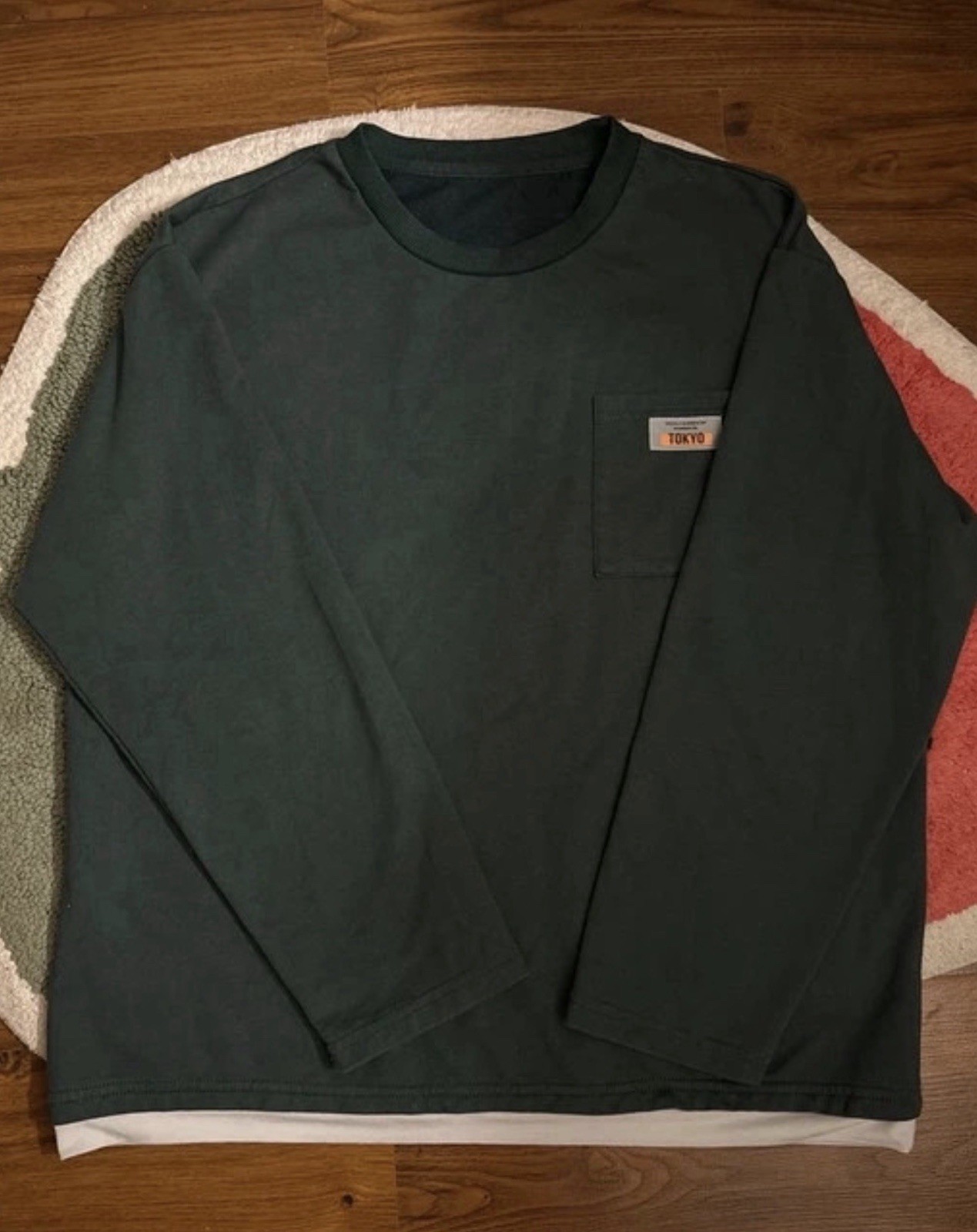 Tokyo Laundry Men’s L Green Long Sleeve Crew Neck Cotton Knit Pocket Tee Patch
