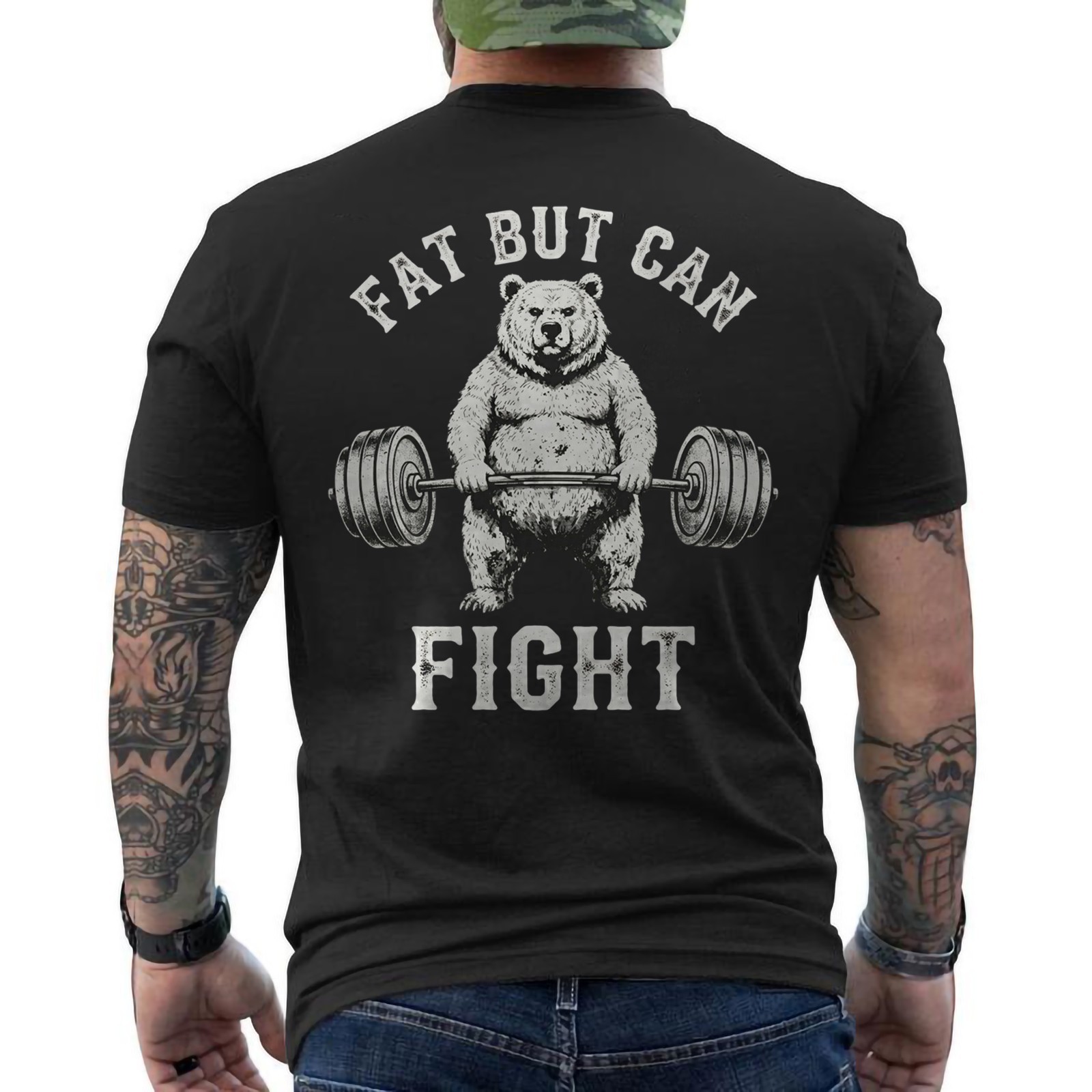 Fat But Can Fight Gym Workout Cardio Bodybuilding ON BACK T-Shirt