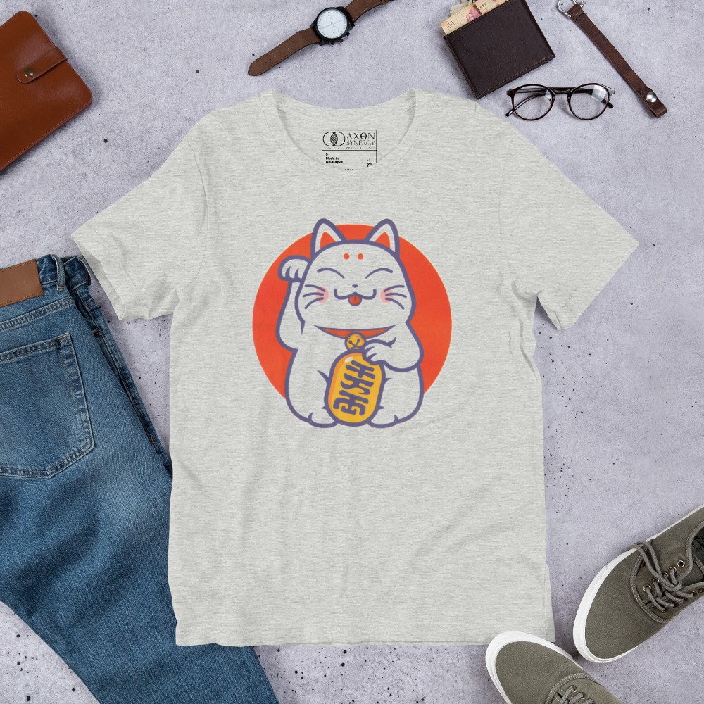 Japanese Maneki Neko Lucky Cat Tee Fortune Wealth Gold Coin Soft Cotton Tee