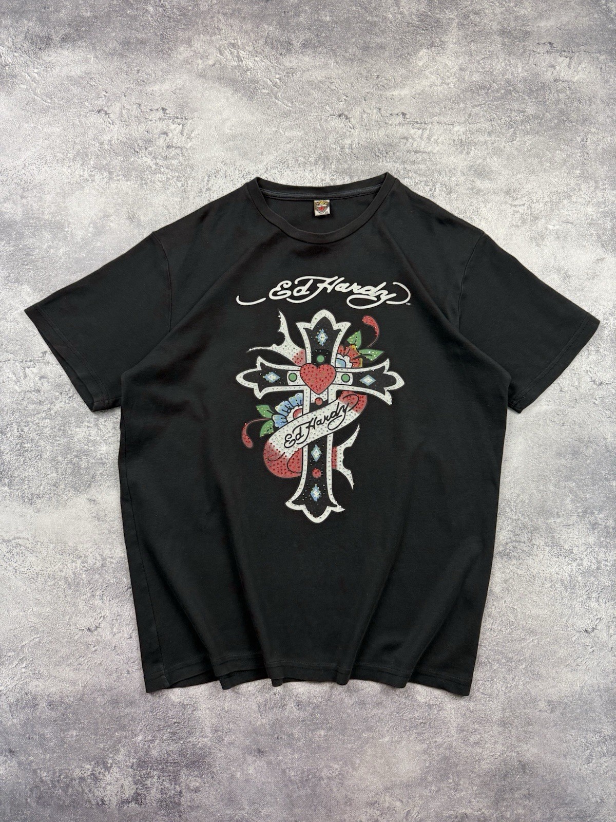 Vintage Ed Hardy By Christian Audigier Cross T-Shirt Rhinestones Y2K Black Hype