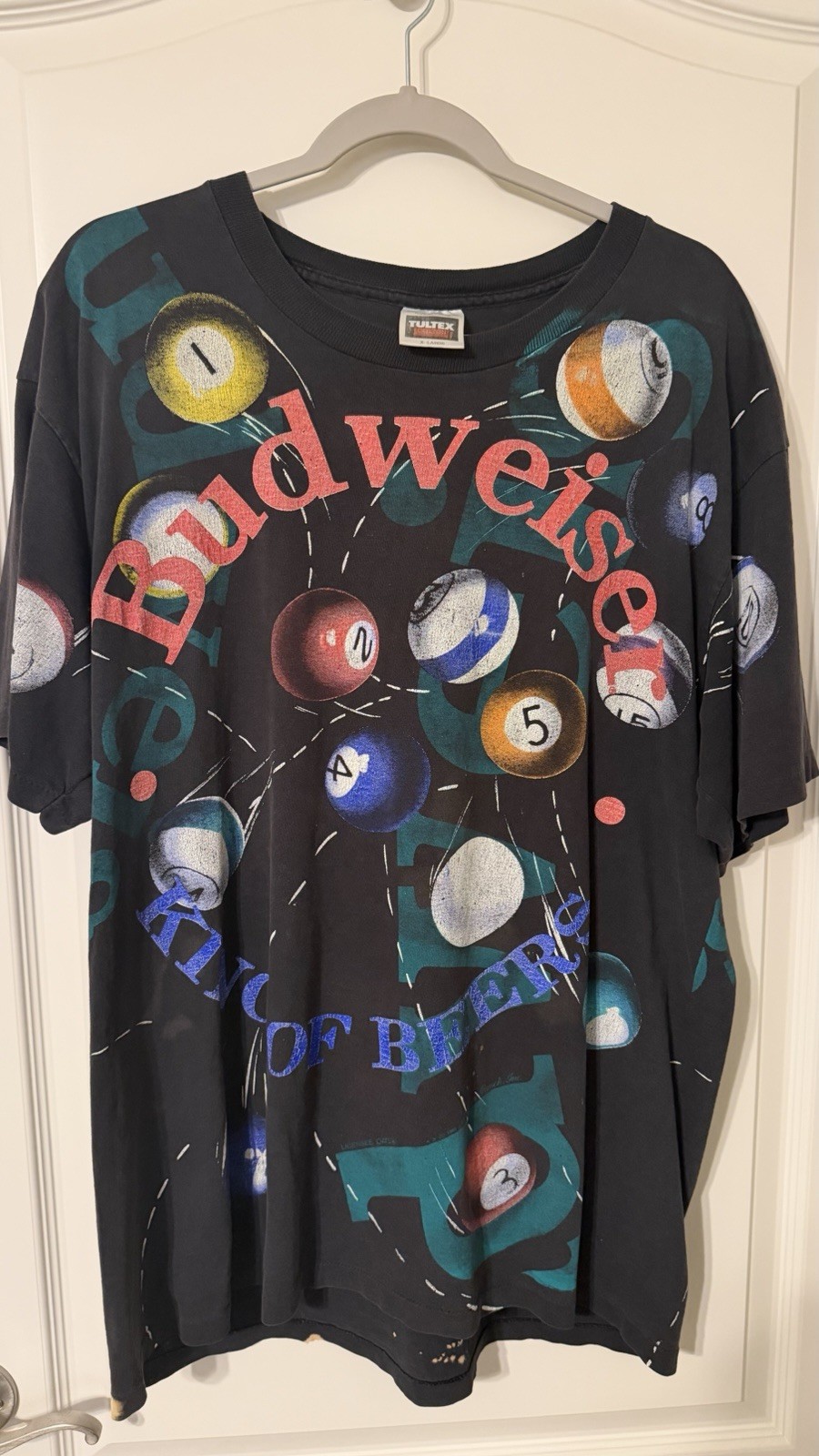 Vintage 1993 Budweiser “King of Beers” All Over Print Pool Billiards T-Shirt XL
