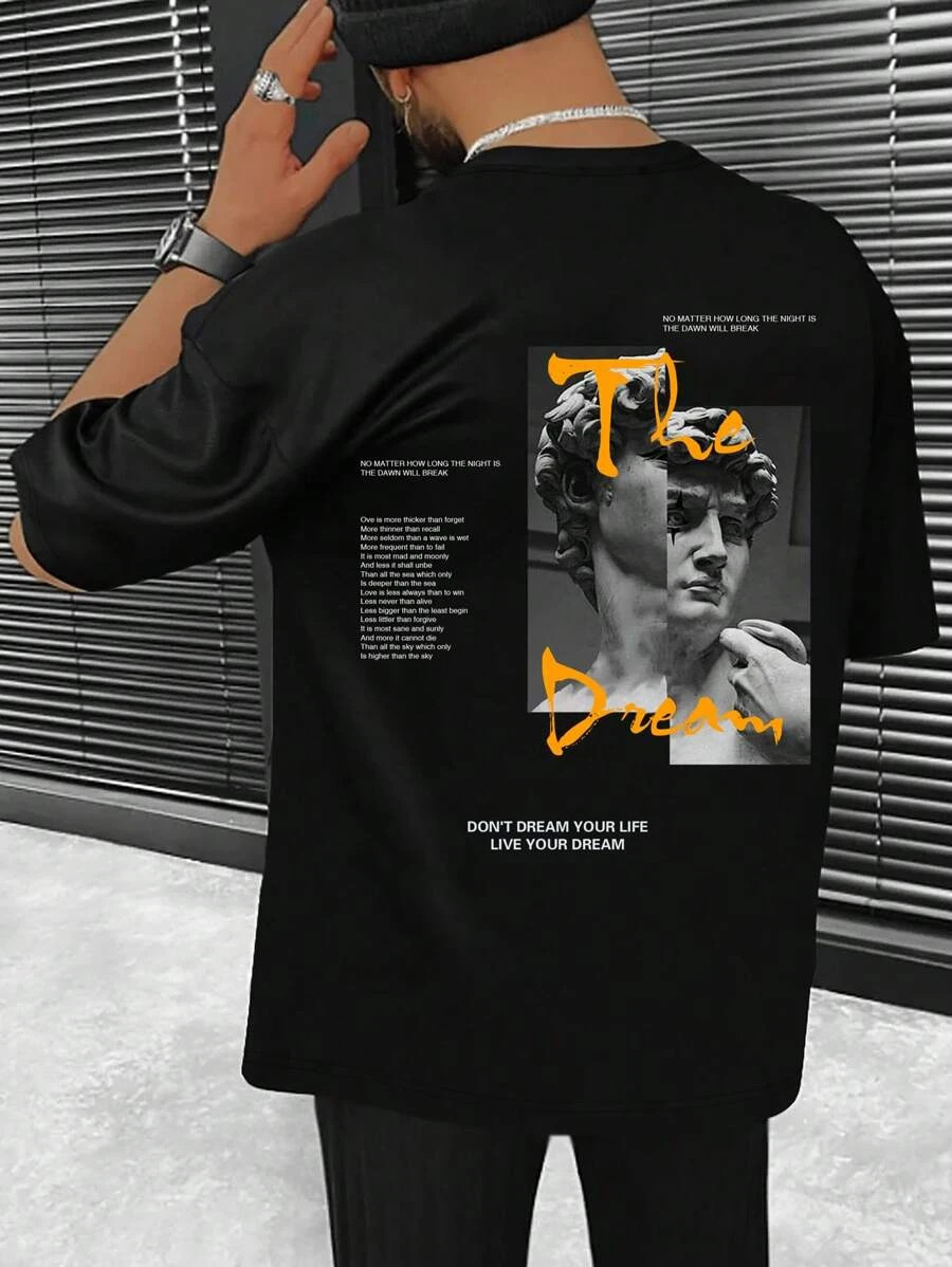 Guys Graphic Drop Shoulder T-Shirt – Slogan & Figure Print Streetwear Tee