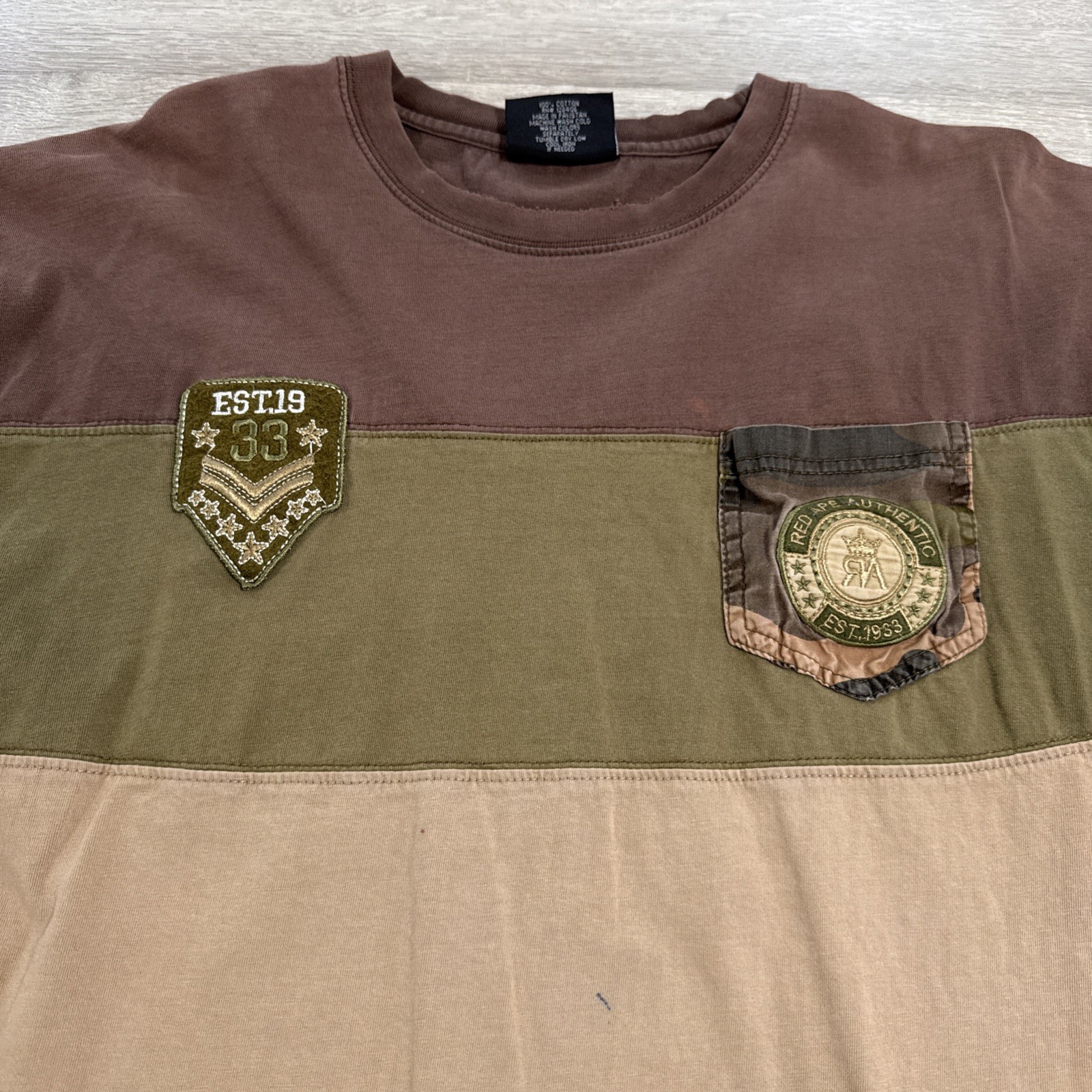 Red Ape Shirt Men’s 2XL Brown Colorblock Distressed Pocket Tee Cotton