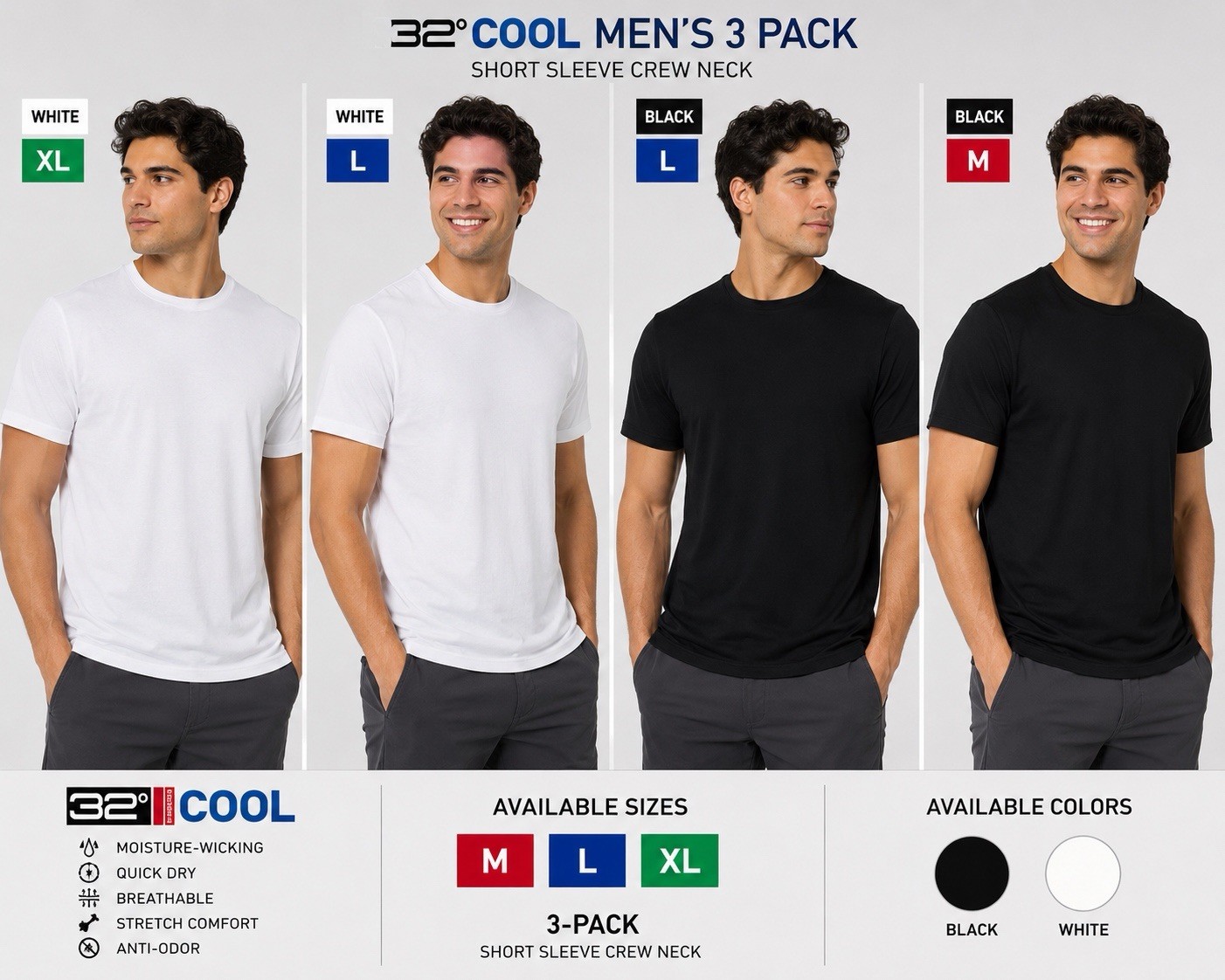 32 Degrees Cool Men’s 3-Pack Crew Neck T-Shirts Black White M L XL NEW